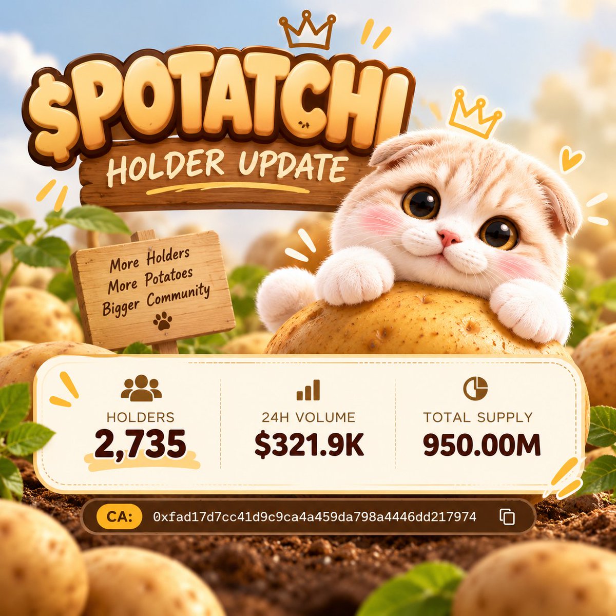 PotatchiUpdates's tweet photo. 🥔🐱 2,735 HOLDERS AND GROWING.
More holders. More eyes. Bigger robinhood:0xfad17d7cc41d9c9ca4a459da798a4446dd217974 community. 🐾
The potato keeps spreading. 👀🥔

Next stop: 3,000 holders.
CA: 0xfad17d7cc41d9c9ca4a459da798a4446dd217974 https://t.co/8FvEUBA3R9