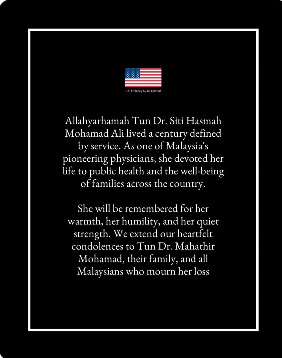 GRACERefug's tweet photo. GRACE extends its heartfelt condolences to Tun Dr. Mahathir Mohamad, his family, and the people of Malaysia on the passing of Tun Dr. Siti Hasmah Mohamad Ali. 

Her dedicated service to public health and welfare leaves a lasting legacy. May her family find peace and comfort. 🕊️ https://t.co/doSGUJrSt5