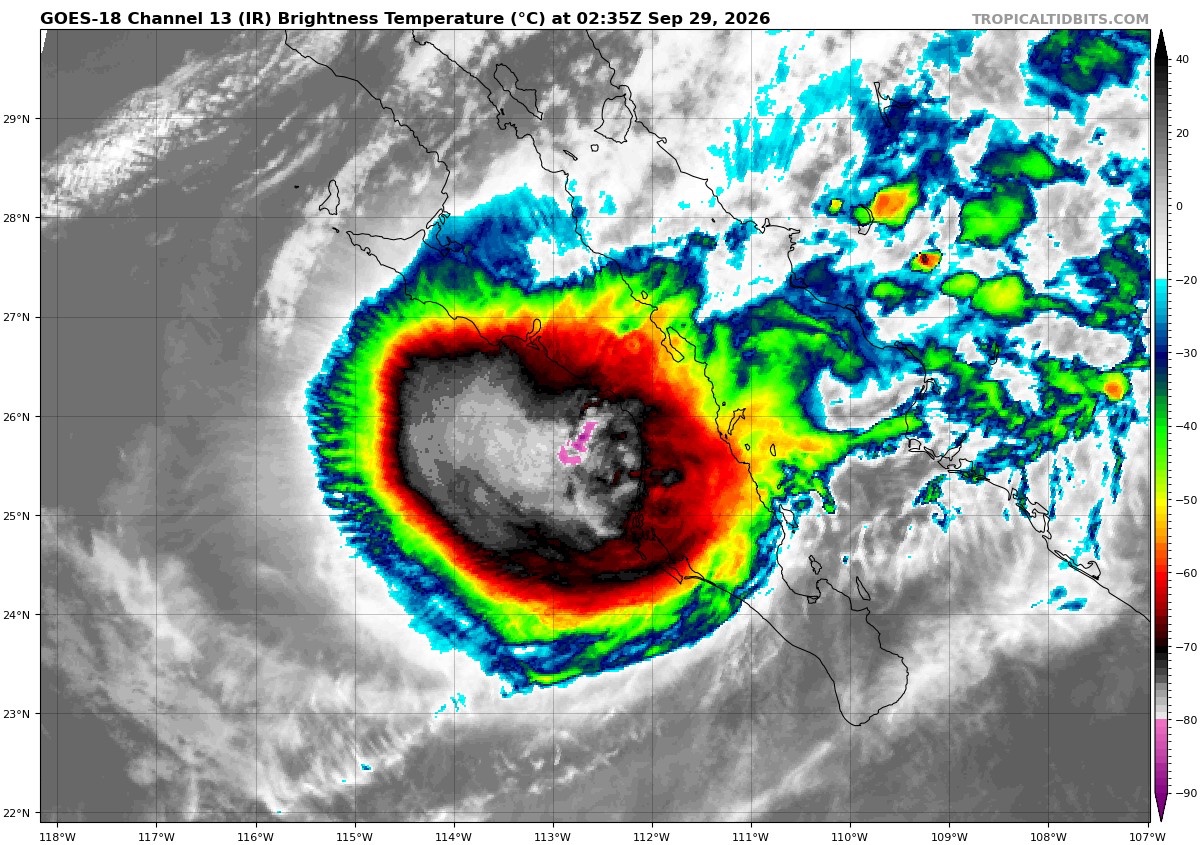 WxProbe's tweet photo. This is not a Category 3 #hurricane.  

#Polo has weakened over the past few hours since recon departed, when it was only barely holding onto 100 kt.  

Current intensity is likely 85-95 kt, with a best estimate of 90 kt.  

Regardless, it is still an historic and potentially destructive landfall for that part of Baja California Sur.