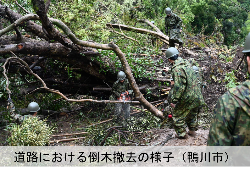 ModJapan_saigai's tweet photo. 千葉県からの要請を受け、自衛隊は本日も千葉県内の各地で活動を実施しております。長生郡長柄町では陸自高射学校（下志津・千葉）が行方不明となっている方の捜索を関係機関と協力して継続しております。
また、陸自第１空挺団（習志野・千葉）が昨日から県内の７市で倒木撤去の活動を開始しており、本日は、市原市・茂原市・君津市・鴨川市・佐倉市・木更津市において、道路啓開のための重機が進入できない、特に優先的な対応が必要な道路で倒木の撤去を行っております。引き続き関係機関が一体となり、一日も早い電力復旧に向け全力で活動してまいります。