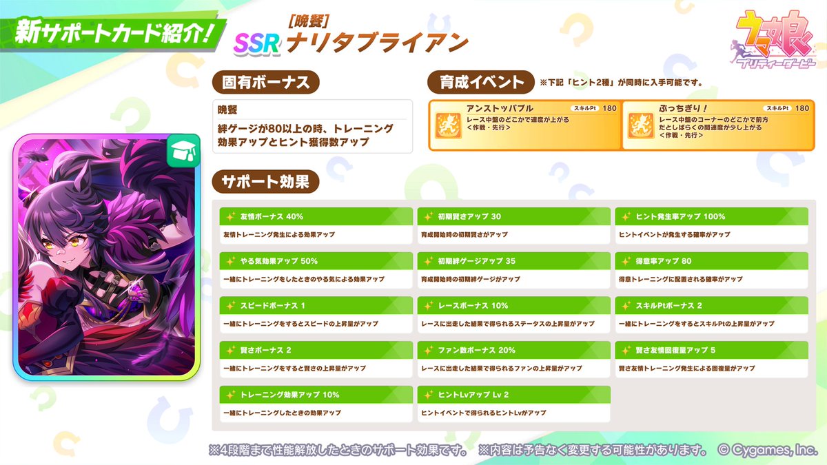 uma_musu's tweet photo. 【新サポートカード紹介】
新たに登場するSSR[晩餐]ナリタブライアンの情報を一部ご紹介！

詳細は、9/30から開催するガチャ画面右上の[サポートカード詳細]をご確認ください！

#ウマ娘 #ゲームウマ娘 https://t.co/zqtVpkxfak