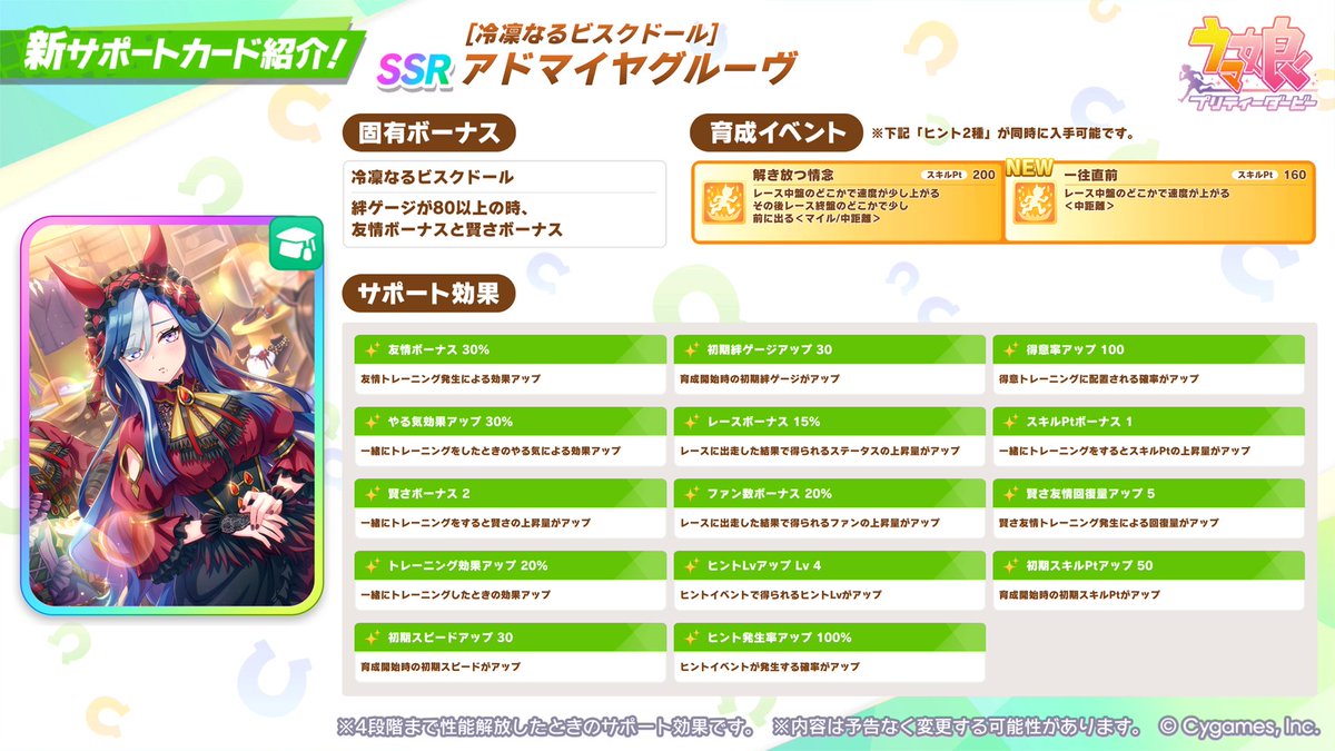uma_musu's tweet photo. 【新サポートカード紹介】
新たに登場するSSR[冷凜なるビスクドール]アドマイヤグルーヴの情報を一部ご紹介！

詳細は、9/30から開催するガチャ画面右上の[サポートカード詳細]をご確認ください！

#ウマ娘 #ゲームウマ娘 https://t.co/3Die5ipF0G