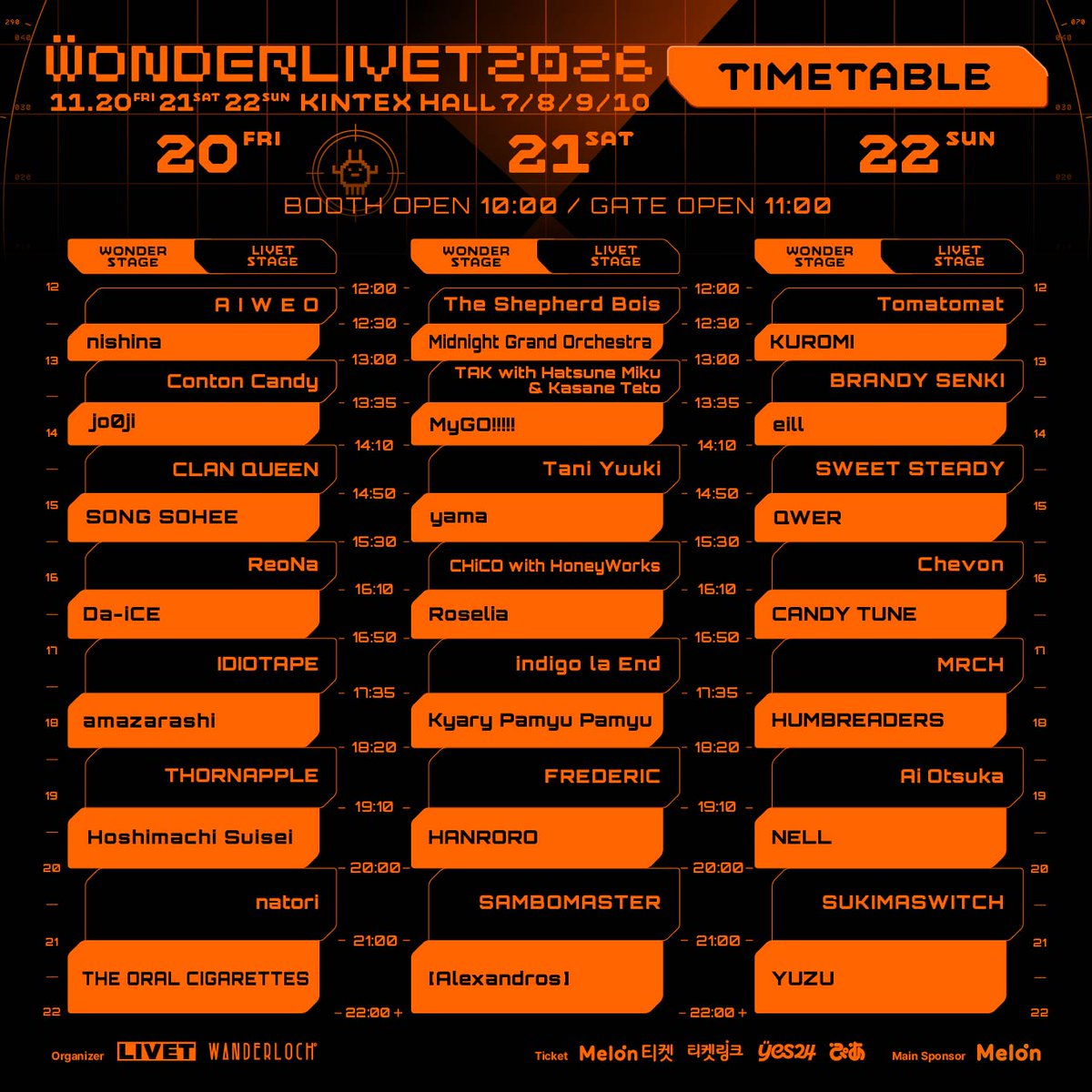WONDERLIVET's tweet photo. 국내 최대 J-POP & ICONIC 뮤직 페스티벌
WONDERLIVET 2026 타임테이블 공개

일자별 아티스트 출연 스테이지와 시간을 확인하고
3일간 펼쳐질 뜨거운 무대를 기대해 주세요!

👾주요 운영 시간
· 손목밴드 부스 오픈 : 오전 10시
· 메인 게이트 오픈(=공연장 내부 입장시작) : 오전 11시
※ 단, 아티스트 및 현장 상황에 따라 시간이 변동될 수 있습니다.

- [손목밴드 부스]에서 모바일티켓 확인&손목밴드 착용을 한 후 공연장 입장이 가능합니다.
- [손목밴드 부스]는 당일 마지막 공연 종료 시까지 운영되며, 손목밴드를 착용 후 자유롭게 스테이지 간 이동&재입장이 가능합니다.
- 손목밴드는 관람 일정이 완전히 끝날 때까지 계속 착용해주세요. 현장에서 분실/훼손 시 재발급 및 공연장 재입장이 불가합니다.
※ 원더리벳 공식 홈페이지에서 [FAQ]를 확인하실 수 있습니다. 
※ 추후 공개될 페스티벌맵에서 공간 안내를 확인하실 수 있습니다.

⌖⌖⌖
WONDERLIVET 2026 · 원더리벳 2026
2026.11.20 FRI - 22 SUN
KINTEX HALL 7·8·9·10

#WONDERLIVET2026 #원더리벳2026

⌖예매 : 멜론티켓·티켓링크·예스24·PIA
⌖예매 바로가기 @wonderlivet 프로필 링크
⌖지금 퀸즈스마일에서 유료 셔틀버스 예매 가능!