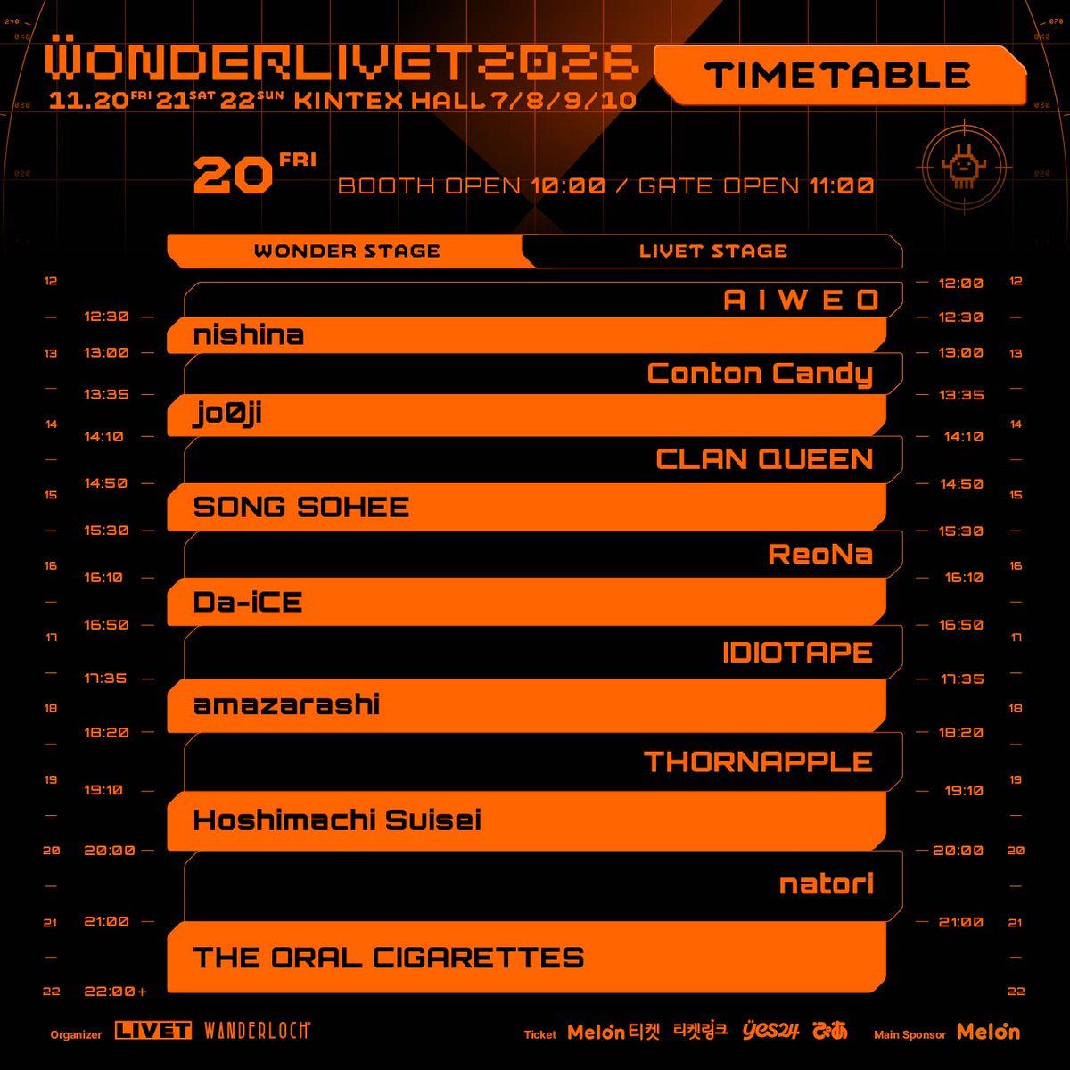 WONDERLIVET's tweet photo. 국내 최대 J-POP & ICONIC 뮤직 페스티벌
WONDERLIVET 2026 타임테이블 공개

일자별 아티스트 출연 스테이지와 시간을 확인하고
3일간 펼쳐질 뜨거운 무대를 기대해 주세요!

👾주요 운영 시간
· 손목밴드 부스 오픈 : 오전 10시
· 메인 게이트 오픈(=공연장 내부 입장시작) : 오전 11시
※ 단, 아티스트 및 현장 상황에 따라 시간이 변동될 수 있습니다.

- [손목밴드 부스]에서 모바일티켓 확인&손목밴드 착용을 한 후 공연장 입장이 가능합니다.
- [손목밴드 부스]는 당일 마지막 공연 종료 시까지 운영되며, 손목밴드를 착용 후 자유롭게 스테이지 간 이동&재입장이 가능합니다.
- 손목밴드는 관람 일정이 완전히 끝날 때까지 계속 착용해주세요. 현장에서 분실/훼손 시 재발급 및 공연장 재입장이 불가합니다.
※ 원더리벳 공식 홈페이지에서 [FAQ]를 확인하실 수 있습니다. 
※ 추후 공개될 페스티벌맵에서 공간 안내를 확인하실 수 있습니다.

⌖⌖⌖
WONDERLIVET 2026 · 원더리벳 2026
2026.11.20 FRI - 22 SUN
KINTEX HALL 7·8·9·10

#WONDERLIVET2026 #원더리벳2026

⌖예매 : 멜론티켓·티켓링크·예스24·PIA
⌖예매 바로가기 @wonderlivet 프로필 링크
⌖지금 퀸즈스마일에서 유료 셔틀버스 예매 가능!