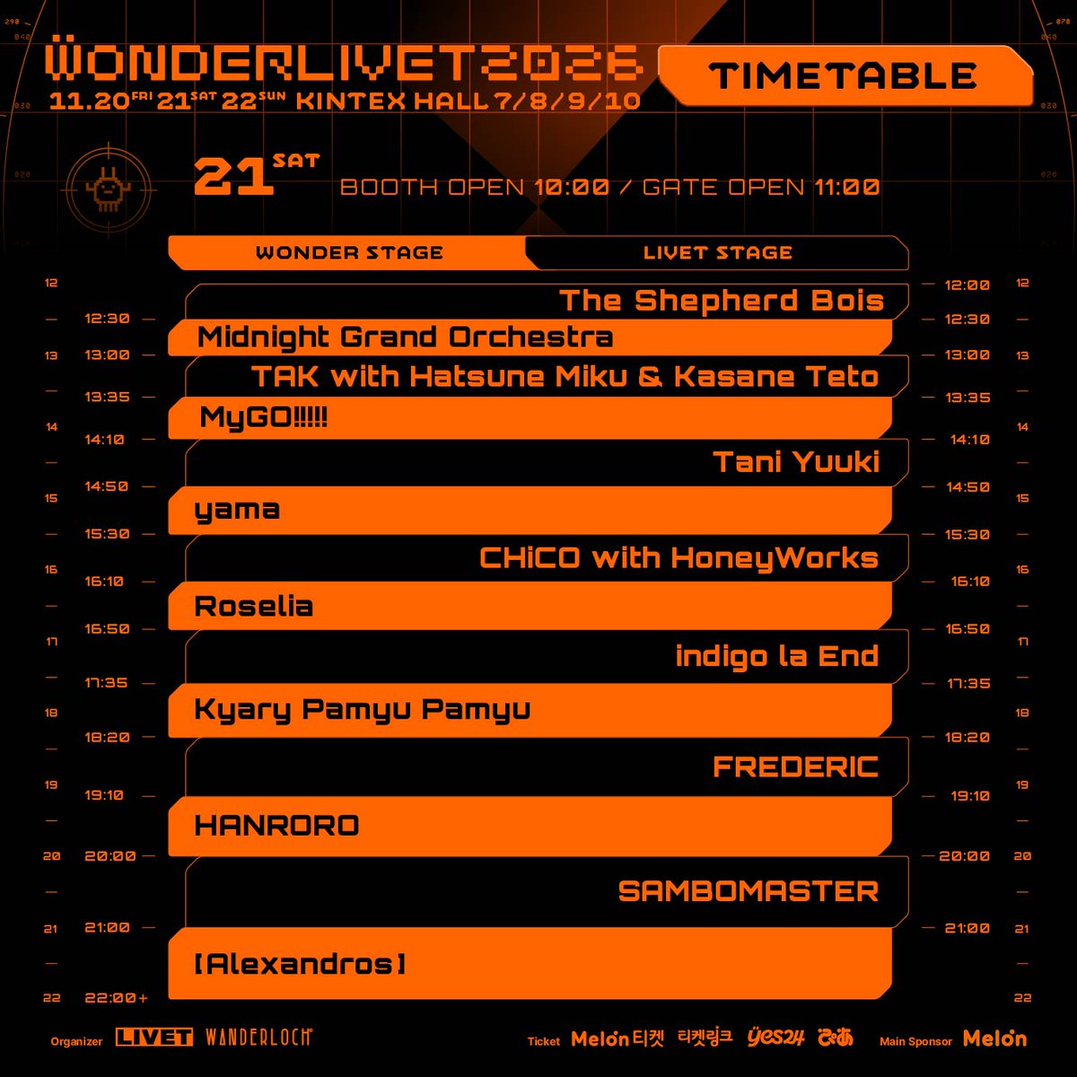 WONDERLIVET's tweet photo. 국내 최대 J-POP & ICONIC 뮤직 페스티벌
WONDERLIVET 2026 타임테이블 공개

일자별 아티스트 출연 스테이지와 시간을 확인하고
3일간 펼쳐질 뜨거운 무대를 기대해 주세요!

👾주요 운영 시간
· 손목밴드 부스 오픈 : 오전 10시
· 메인 게이트 오픈(=공연장 내부 입장시작) : 오전 11시
※ 단, 아티스트 및 현장 상황에 따라 시간이 변동될 수 있습니다.

- [손목밴드 부스]에서 모바일티켓 확인&손목밴드 착용을 한 후 공연장 입장이 가능합니다.
- [손목밴드 부스]는 당일 마지막 공연 종료 시까지 운영되며, 손목밴드를 착용 후 자유롭게 스테이지 간 이동&재입장이 가능합니다.
- 손목밴드는 관람 일정이 완전히 끝날 때까지 계속 착용해주세요. 현장에서 분실/훼손 시 재발급 및 공연장 재입장이 불가합니다.
※ 원더리벳 공식 홈페이지에서 [FAQ]를 확인하실 수 있습니다. 
※ 추후 공개될 페스티벌맵에서 공간 안내를 확인하실 수 있습니다.

⌖⌖⌖
WONDERLIVET 2026 · 원더리벳 2026
2026.11.20 FRI - 22 SUN
KINTEX HALL 7·8·9·10

#WONDERLIVET2026 #원더리벳2026

⌖예매 : 멜론티켓·티켓링크·예스24·PIA
⌖예매 바로가기 @wonderlivet 프로필 링크
⌖지금 퀸즈스마일에서 유료 셔틀버스 예매 가능!