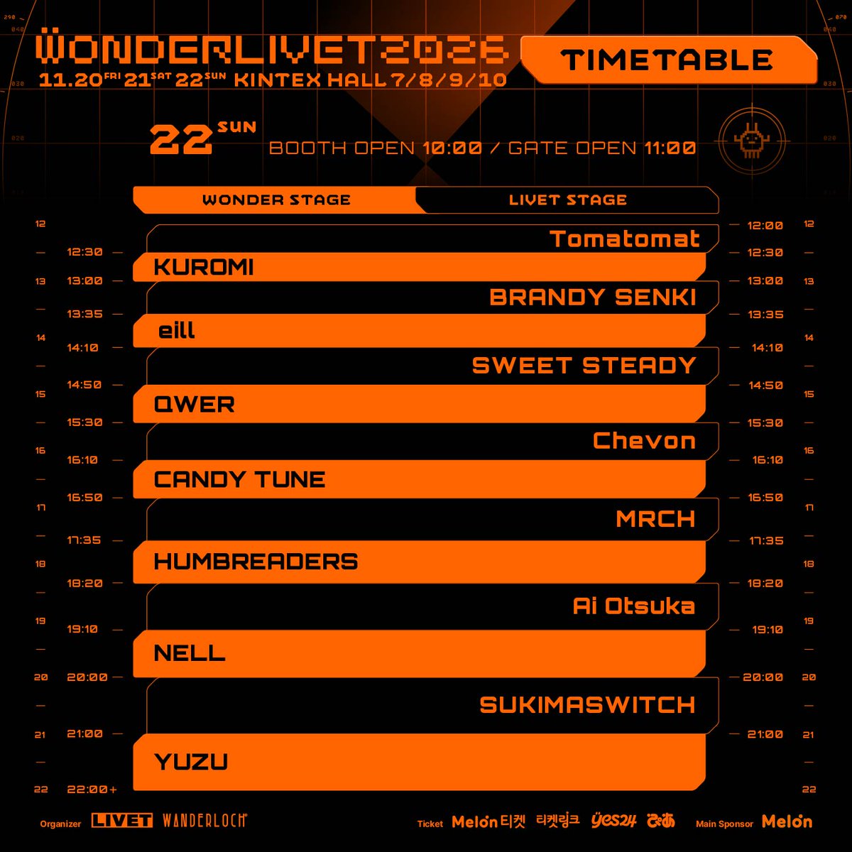 WONDERLIVET's tweet photo. 국내 최대 J-POP & ICONIC 뮤직 페스티벌
WONDERLIVET 2026 타임테이블 공개

일자별 아티스트 출연 스테이지와 시간을 확인하고
3일간 펼쳐질 뜨거운 무대를 기대해 주세요!

👾주요 운영 시간
· 손목밴드 부스 오픈 : 오전 10시
· 메인 게이트 오픈(=공연장 내부 입장시작) : 오전 11시
※ 단, 아티스트 및 현장 상황에 따라 시간이 변동될 수 있습니다.

- [손목밴드 부스]에서 모바일티켓 확인&손목밴드 착용을 한 후 공연장 입장이 가능합니다.
- [손목밴드 부스]는 당일 마지막 공연 종료 시까지 운영되며, 손목밴드를 착용 후 자유롭게 스테이지 간 이동&재입장이 가능합니다.
- 손목밴드는 관람 일정이 완전히 끝날 때까지 계속 착용해주세요. 현장에서 분실/훼손 시 재발급 및 공연장 재입장이 불가합니다.
※ 원더리벳 공식 홈페이지에서 [FAQ]를 확인하실 수 있습니다. 
※ 추후 공개될 페스티벌맵에서 공간 안내를 확인하실 수 있습니다.

⌖⌖⌖
WONDERLIVET 2026 · 원더리벳 2026
2026.11.20 FRI - 22 SUN
KINTEX HALL 7·8·9·10

#WONDERLIVET2026 #원더리벳2026

⌖예매 : 멜론티켓·티켓링크·예스24·PIA
⌖예매 바로가기 @wonderlivet 프로필 링크
⌖지금 퀸즈스마일에서 유료 셔틀버스 예매 가능!