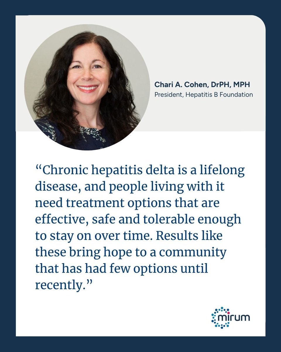 mirumpharma's tweet photo. Following today's AZURE-1 study announcement, Chari A. Cohen, DrPH, MPH, President of the Hepatitis B Foundation, highlights the need for additional treatment options for people living with chronic hepatitis delta virus (HDV). 

Read the announcement: https://t.co/9t99yBpZIv 

#ChronicHepatitisDeltaVirus #HDV