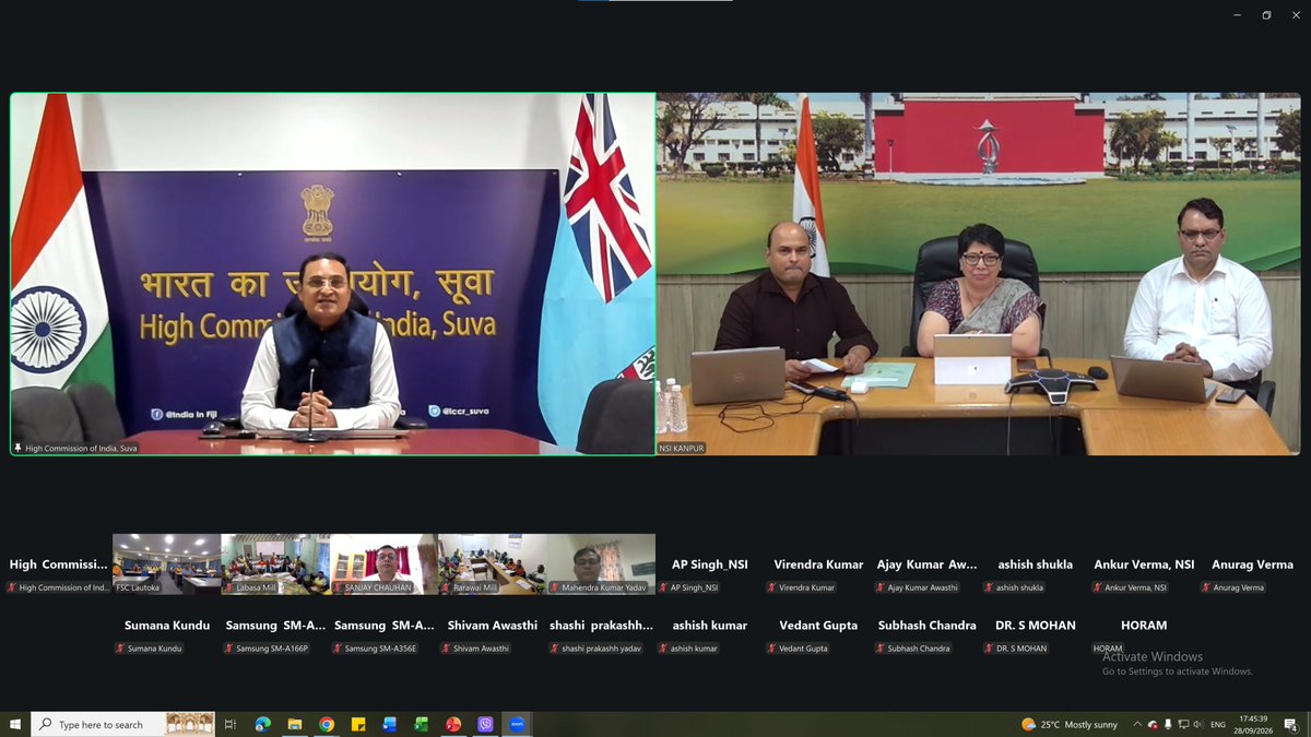 HCI_Suva's tweet photo. 🇮🇳🤝🇫🇯 #VeilomaniDosti
Building Capacity, Strengthening Partnerships!

High Commissioner Suneet Mehta joined the virtual inauguration of the month-long e-ITEC training programme for Fiji Sugar Corporation officials, with Mr. Bhan Pratap Singh, CEO, FSC, and Dr. Seema Paroha, Director, National Sugar Institute, Kanpur,.

The training will be held from 28 Sept–27 Oct 2026, fulfilling a commitment made during Hon. PM Sitiveni Rabuka’s visit to India in August 2025. Expert instructors from India will share modern practices, technological advancements and practical insights tailored to Fiji’s sugar industry.

Building on the handover of 12 agricultural drones for Fiji’s sugar sector, this initiative underscores India’s commitment to capacity building, technology transfer and a stronger, more resilient India–Fiji partnership.

@MEAIndia @IndianDiplomacy @FijiSugar @FijiGovernment @DDNewslive