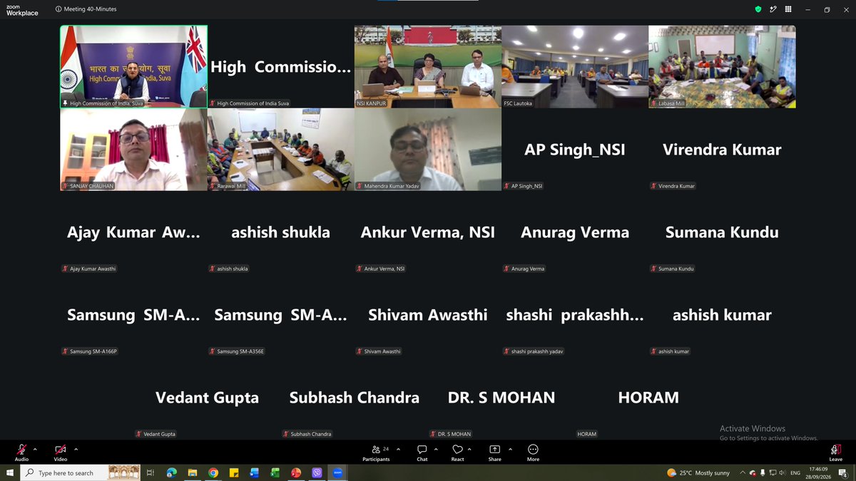 HCI_Suva's tweet photo. 🇮🇳🤝🇫🇯 #VeilomaniDosti
Building Capacity, Strengthening Partnerships!

High Commissioner Suneet Mehta joined the virtual inauguration of the month-long e-ITEC training programme for Fiji Sugar Corporation officials, with Mr. Bhan Pratap Singh, CEO, FSC, and Dr. Seema Paroha, Director, National Sugar Institute, Kanpur,.

The training will be held from 28 Sept–27 Oct 2026, fulfilling a commitment made during Hon. PM Sitiveni Rabuka’s visit to India in August 2025. Expert instructors from India will share modern practices, technological advancements and practical insights tailored to Fiji’s sugar industry.

Building on the handover of 12 agricultural drones for Fiji’s sugar sector, this initiative underscores India’s commitment to capacity building, technology transfer and a stronger, more resilient India–Fiji partnership.

@MEAIndia @IndianDiplomacy @FijiSugar @FijiGovernment @DDNewslive