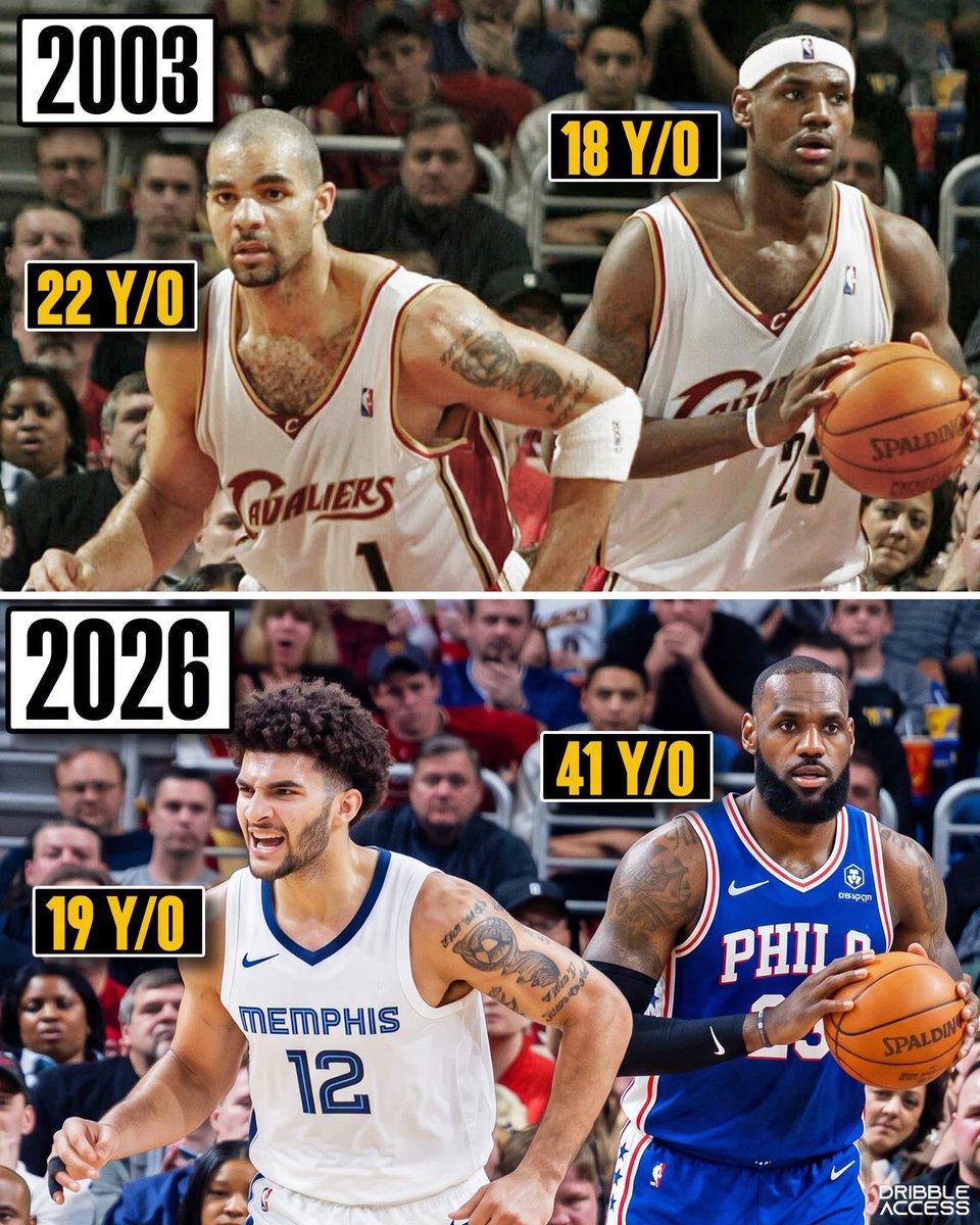 BBallGround's tweet photo. The ultimate LeBron longevity stat... 🤯👑

🔸2003: An 18-year-old rookie LeBron James sharing the court with Carlos Boozer on the Cavs.

🔸2026: Still elite, Bron ready to share the hardwood with Carlos's son, Cameron Boozer!

LeBron has literally been doing this for multiple generations. Absolute legend! 🔥