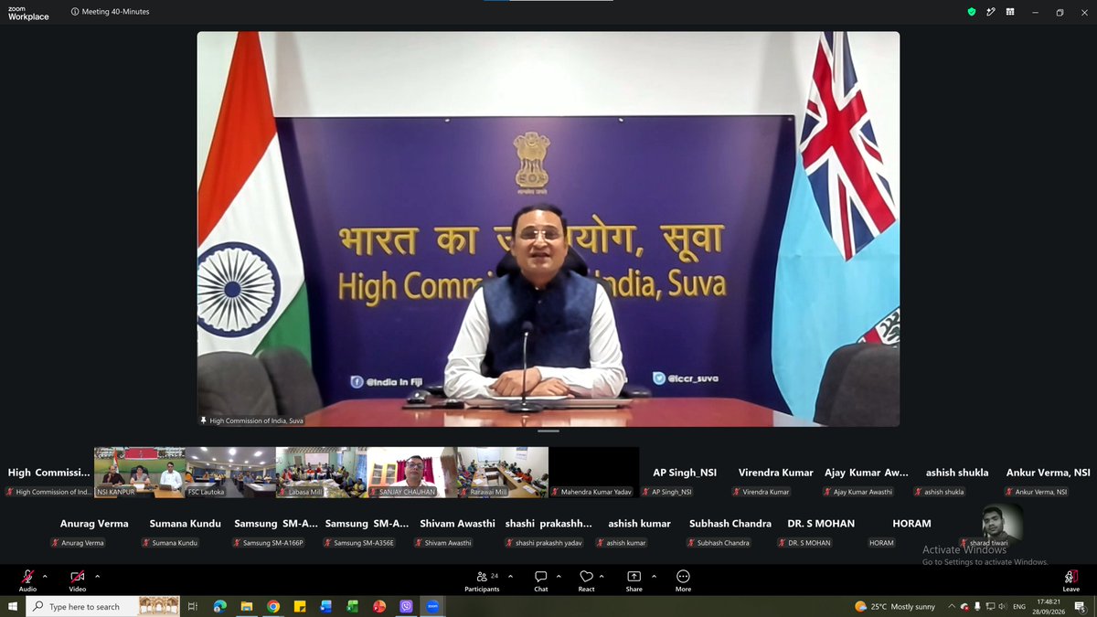 HCI_Suva's tweet photo. 🇮🇳🤝🇫🇯 #VeilomaniDosti
Building Capacity, Strengthening Partnerships!

High Commissioner Suneet Mehta joined the virtual inauguration of the month-long e-ITEC training programme for Fiji Sugar Corporation officials, with Mr. Bhan Pratap Singh, CEO, FSC, and Dr. Seema Paroha, Director, National Sugar Institute, Kanpur,.

The training will be held from 28 Sept–27 Oct 2026, fulfilling a commitment made during Hon. PM Sitiveni Rabuka’s visit to India in August 2025. Expert instructors from India will share modern practices, technological advancements and practical insights tailored to Fiji’s sugar industry.

Building on the handover of 12 agricultural drones for Fiji’s sugar sector, this initiative underscores India’s commitment to capacity building, technology transfer and a stronger, more resilient India–Fiji partnership.

@MEAIndia @IndianDiplomacy @FijiSugar @FijiGovernment @DDNewslive