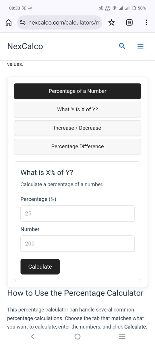NexCalco's tweet photo. Need a quick percentage calculation?
Calculate percentages in seconds with NexCalco ⚡
🧮 Fast • Simple • Accurate
#NexCalco #PercentageCalculator #Calculator #MathTools #OnlineCalculator #Math #Percentages #StudyTools #Productivity #TechTools
https://t.co/mBFOGw6Uzb https://t.co/7xulG2srYV