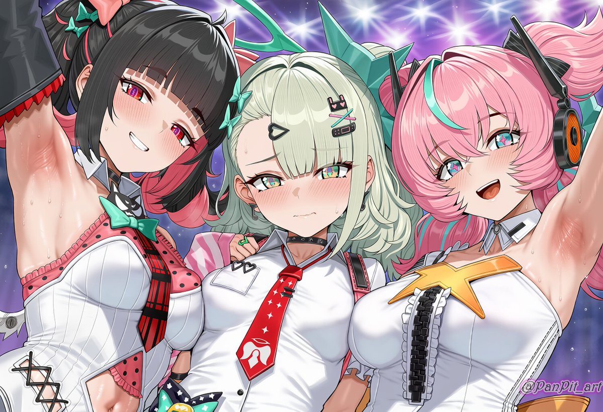 PanPit_art's tweet photo. ✨妄想エンジェルのライブのクライマックス✨
みんなで「じゃーん！」ってやりながら脇を見せるポーズ、大好きです！😍😋

AOD / Angels of Delusion
南宮羽 / 千夏 / アリア
Zenless Zone Zero SFW Illustration
#ゼンゼロ #ZZZ #绝区零 https://t.co/UQ0JjdjVZu