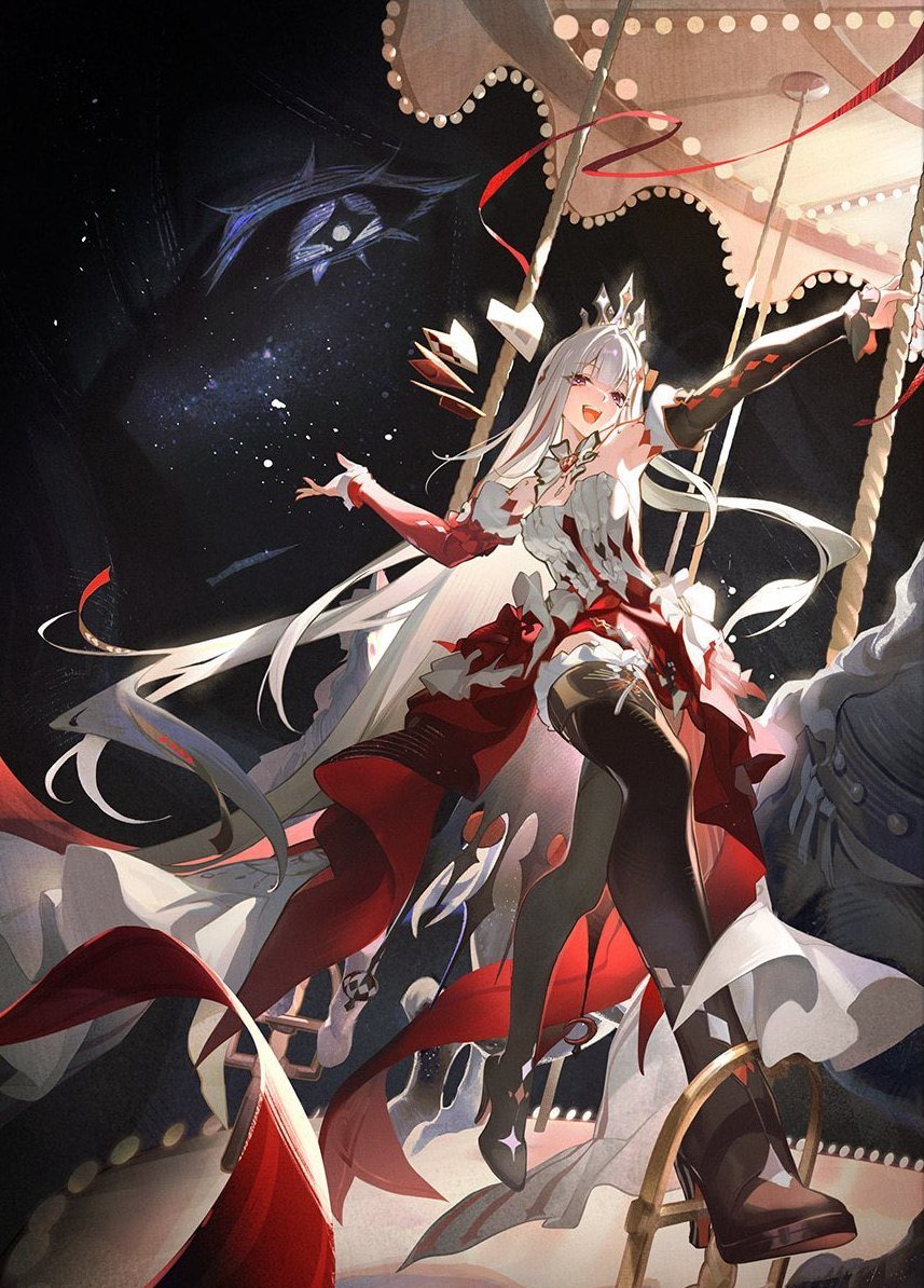 elatingly's tweet photo. I need to talk about this lightcone because the beautiful art style aside it feels both full of happiness and loneliness. nihilux is riding a merry go round with warm but worn out lights and but she is all alone and the background is her aeon body I  pitch black staring at her https://t.co/BluW4IlI7G