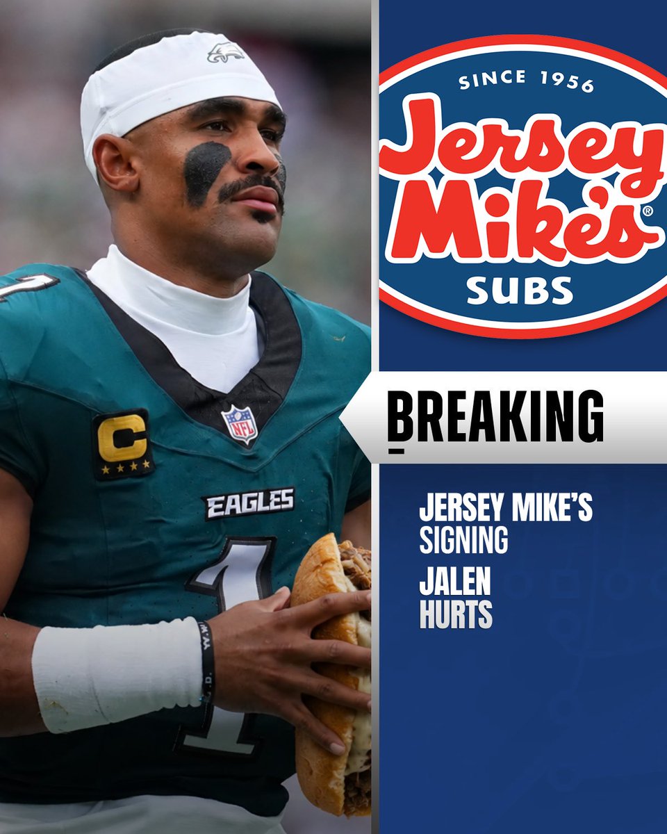 TheNFLDrop's tweet photo. BREAKING: Jersey Mike’s Subs to sign Eagles QB Jalen Hurts to their active roster. https://t.co/UfQ1fCxK1o