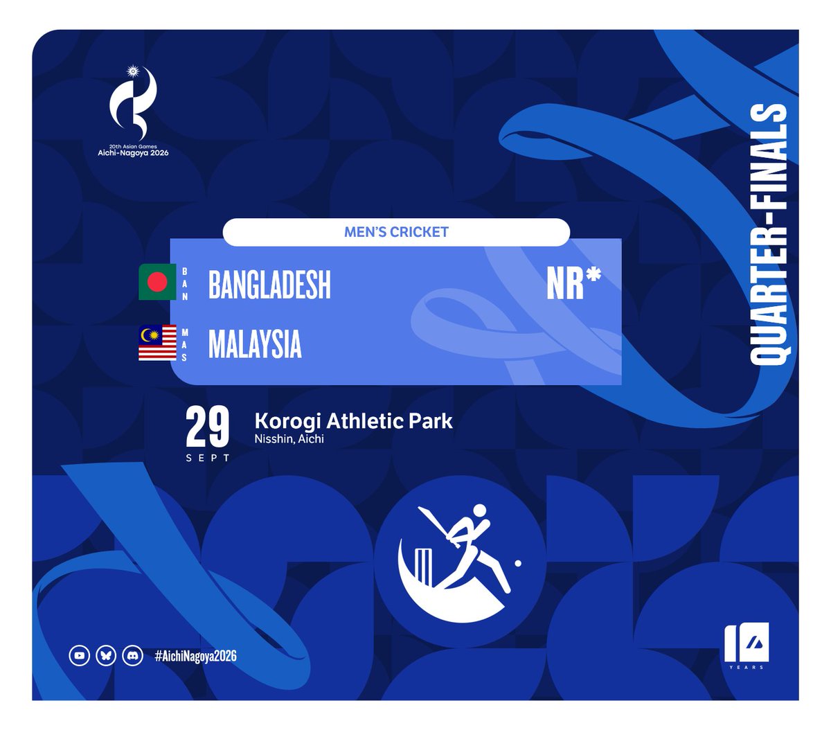 ArchiveInt's tweet photo. Bad weather persisted at Nisshin, and the quarter-final matchup between Bangladesh and Malaysia is cancelled as well.

Bangladesh then advances by the virtue of being the higher-seeded team.

🇧🇩 BAN - NR*
🇲🇾 MAS - --
*No result

#AichiNagoya2026 #ImagineOneAsia https://t.co/vBGIAaUE1v
