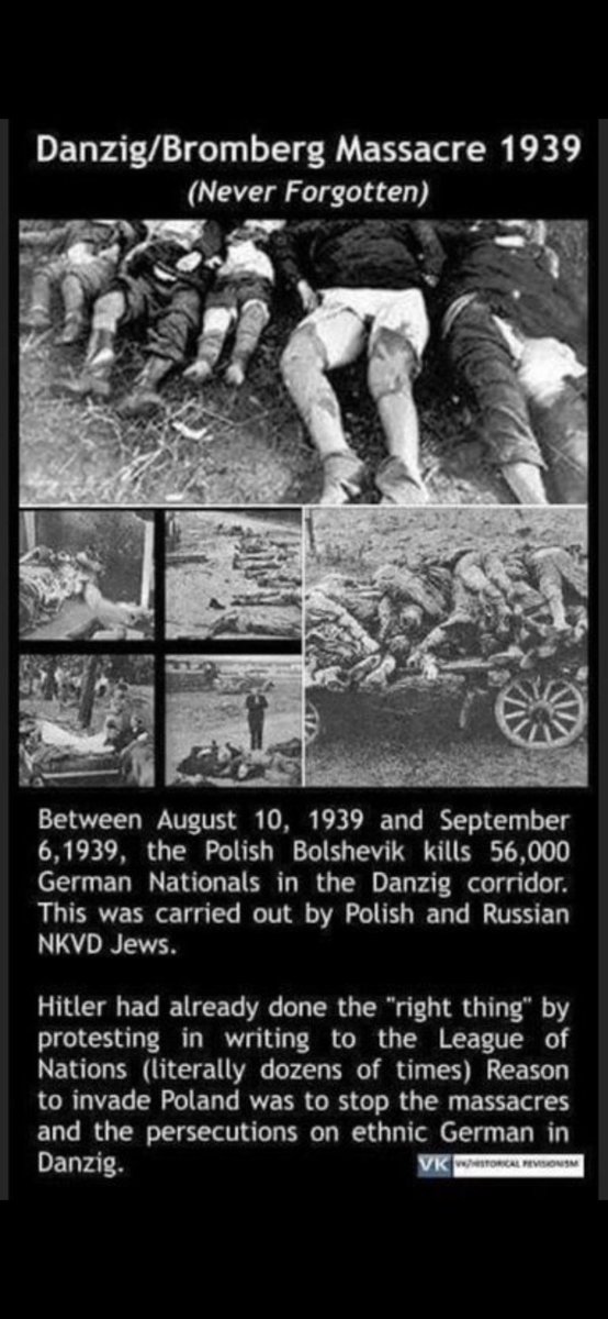 NatSocUnite's tweet photo. Never forget the innocent Germans murdered in Danzig and Bromberg leading up to WW2. 

Poland wanted war with Germany since 1930. It was for territory. 

Hitler had been playing it cool, but the massacres in Danzig and Bromberg from May 1939 onward, forced him to act. 

You can see Hitler's speech in the newly regained Danzig here: 
https://t.co/nxc55oqkvH

Here is some footage of Germans fleeing Polish controlled Danzig and Bromberg August 1939:
https://t.co/FgMJl5Tp86

Never forgotten RIP. Sieg Heil!