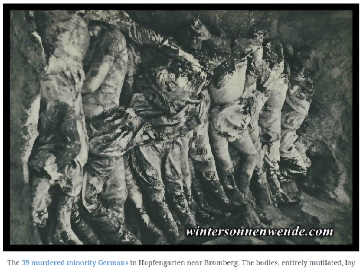NatSocUnite's tweet photo. Never forget the innocent Germans murdered in Danzig and Bromberg leading up to WW2. 

Poland wanted war with Germany since 1930. It was for territory. 

Hitler had been playing it cool, but the massacres in Danzig and Bromberg from May 1939 onward, forced him to act. 

You can see Hitler's speech in the newly regained Danzig here: 
https://t.co/nxc55oqkvH

Here is some footage of Germans fleeing Polish controlled Danzig and Bromberg August 1939:
https://t.co/FgMJl5Tp86

Never forgotten RIP. Sieg Heil!