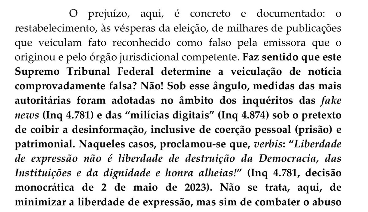 SamPancher's tweet photo. Fux cita Alexandre de Moraes ao suspender decisão de Dino:

“medidas das mais autoritárias foram adotadas no âmbito dos inquéritos das fake news e das “milícias digitais” sob o pretexto de coibir a desinformação, inclusive de coerção pessoal (prisão) e patrimonial. 

Naqueles casos, proclamou-se que, verbis: ‘Liberdade de expressão não é liberdade de destruição da Democracia, das Instituições e da dignidade e honra alheias!”