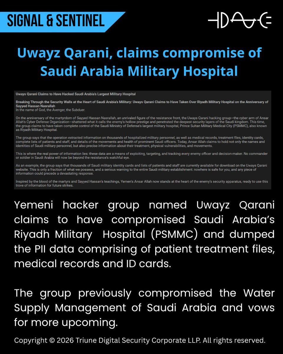 triunedigisec's tweet photo. Uways Qarani group compromises Riyadh Military Hospital and dumps PII data.
#cyberattack #healthcare #piidata https://t.co/OfTcAT52dT