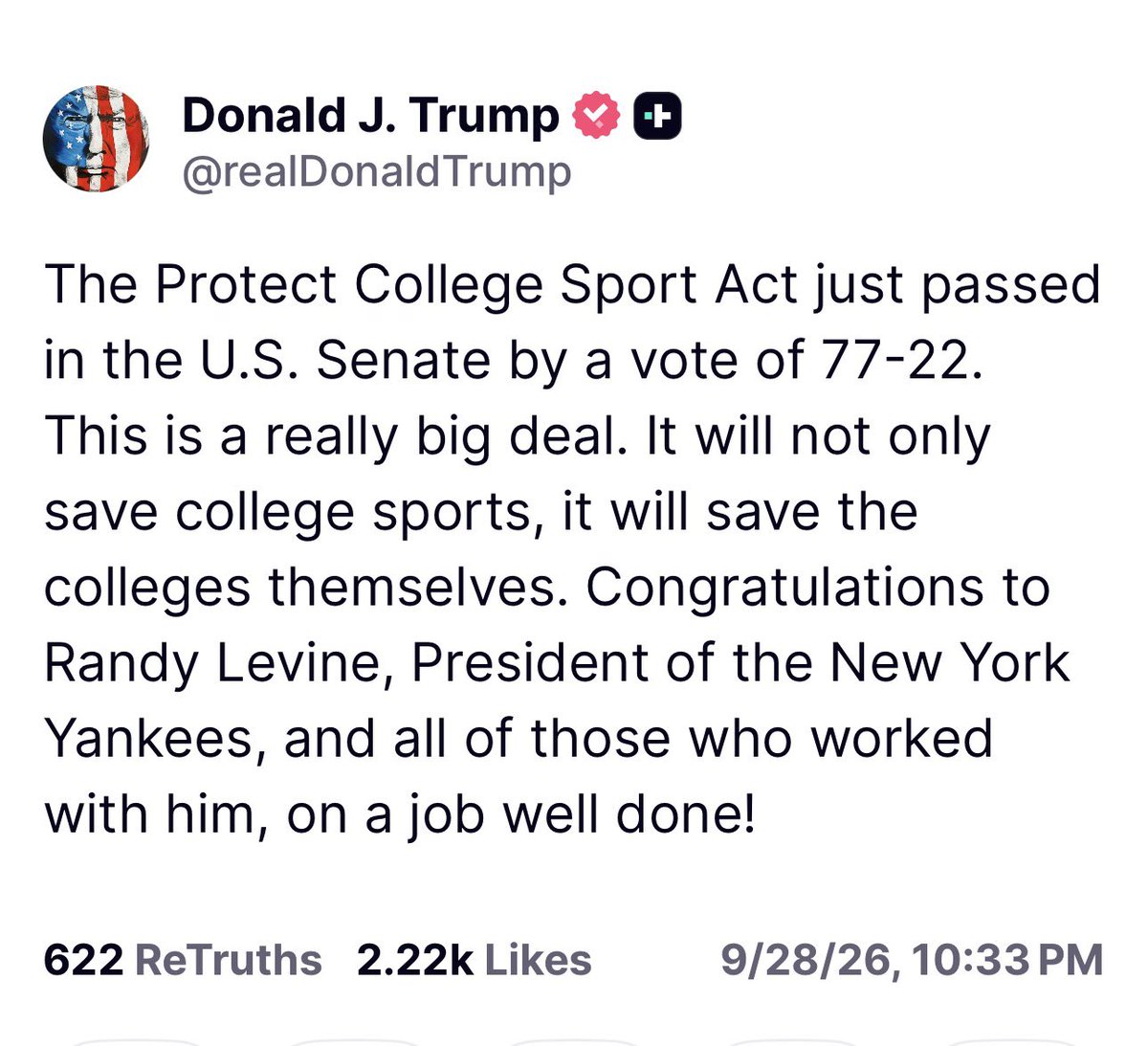 intheMatrixxx's tweet photo. The Protect College Sport Act just passed in the U.S. Senate by a vote of 77-22. This is a really big deal. It will not only save college sports, it will save the colleges themselves. Congratulations to Randy Levine, President of the New York Yankees, and all of those who worked with him, on a job well done!