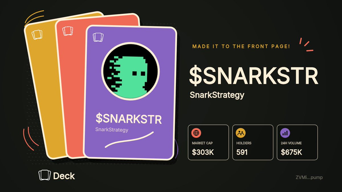 deckfrontpage's tweet photo. $SNARKSTR is on the front page of Deck!

SnarkStrategy
Market Cap: $303K, Holders: 591

ZVMihT6DKXWKRGX54VGvnYv4ndES8XtneUUYMCLpump

https://t.co/XcxeeCFaLk

Follow @deckdotfun to learn more about Deck. https://t.co/jCWcxV6pk6