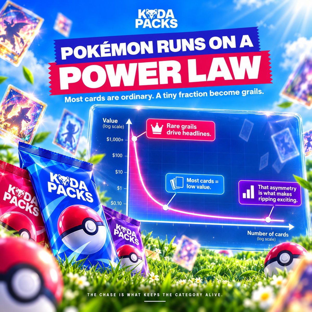 kodapacks's tweet photo. Pokémon isn’t a normal collectibles market.

Millions of cards sit at the bottom of the curve, while a tiny fraction become grails worth hundreds, thousands, or far more.

That imbalance is what makes the chase so compelling.

It’s why KodaPacks is built around a constantly changing pool of cards, where the next grail could always be hiding inside.