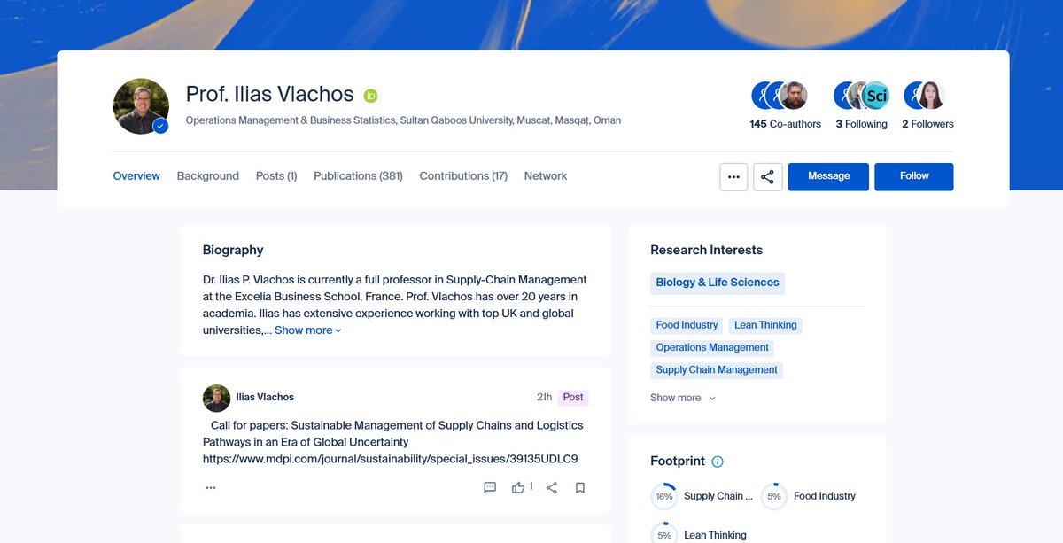 SciProfiles's tweet photo. 🌍Meet Prof. Ilias Vlachos, Professor of Operations Management &amp; Business Statistics at Sultan Qaboos University.

🔬His research spans supply-chain strategy, resilience, innovation, and sustainability.

🔗Connect on #SciProfiles: https://t.co/7NDbvULK6p

#SupplyChainManagement https://t.co/VDPjXKa2Kz