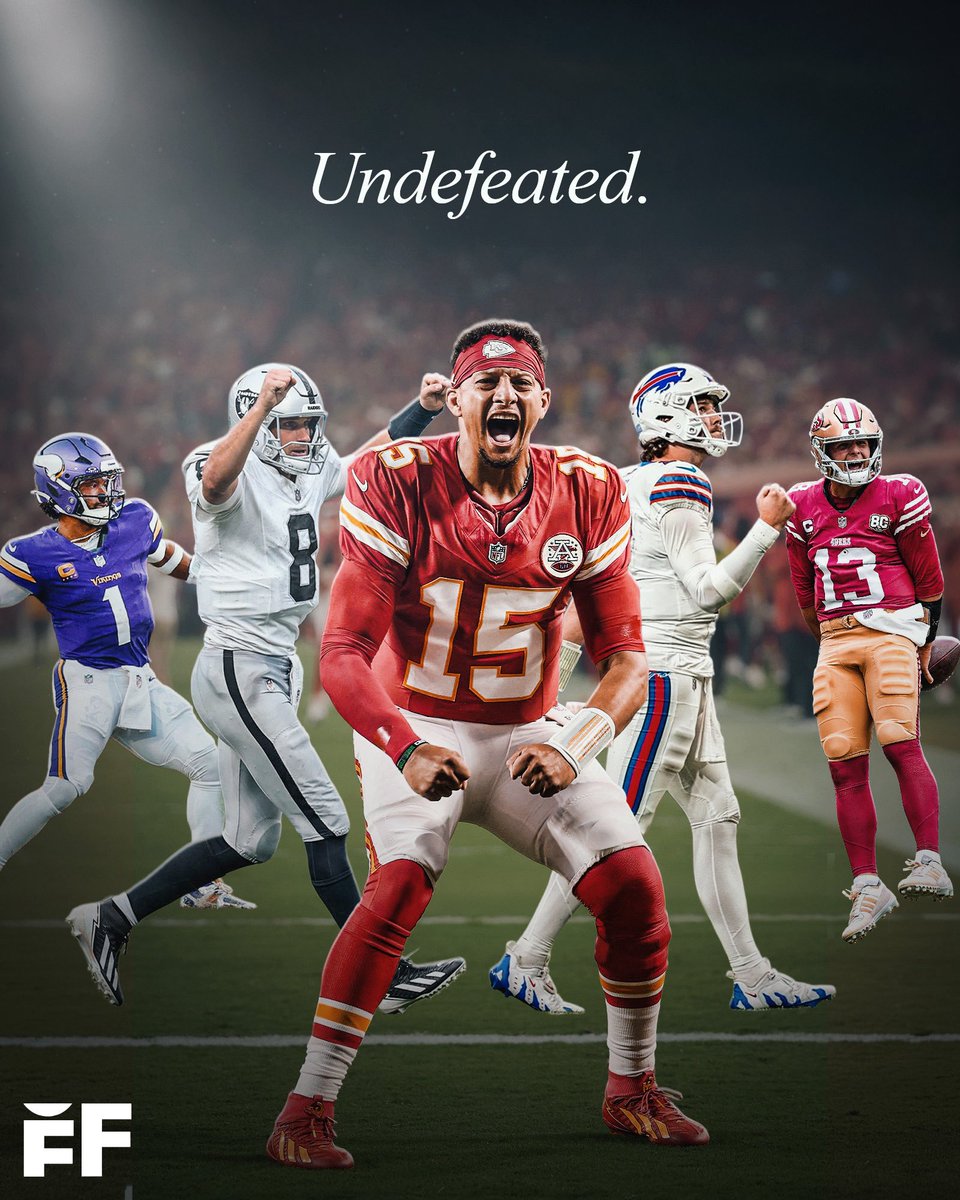 fballforeverhq's tweet photo. THE UNDEFEATED CLUB 🔥

▫️San Francisco 49ers (3-0) 
▫️Buffalo Bills (3-0) 
▫️Kansas City Chiefs (3-0) 
▫️Las Vegas Raiders (3-0)
▫️Minnesota Vikings (3-0) 

#FTTB #BillsMafia #ChiefsKingdom #RaiderNation #SKOL https://t.co/Ig3PtM9Hyu