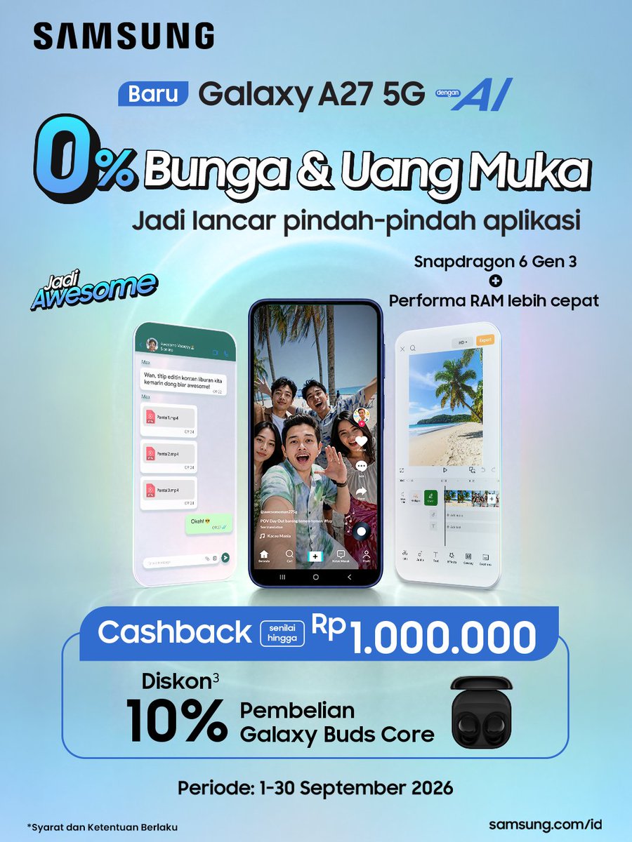 TRANS7's tweet photo. Kalau biasanya nyatet harus ribet buka notes dan ketik satu-satu, sekarang ada cara yang lebih praktis!👀✨ Samsung Galaxy A27 5G punya AI Voice Transcription yang bisa mengubah rekaman suara jadi teks hanya dengan sekali tap, bahkan tanpa koneksi internet. Setelah urusan nyatet beres, kamu juga bisa lanjut scrolling, edit konten, atau balas chat dengan lebih lancar tanpa ngelag. Buat gaming pun makin seru dan mulus, karena didukung Snapdragon 6 Gen 3 plus baterai yang awet seharian! Yuk ikutan #IfIWinGalaxyA27Part4 sekarang dan bawa pulang Galaxy A27 5G GRATIS! 🎁

Caranya kamu langsung aja cari di Google, "APA NAMA PROSESOR YANG ADA PADA SAMSUNG GALAXY A27 5G?" Lalu, upload hasil pencarianmu ke media sosial (IG/X). Setelah itu, ikutin langkah berikutnya di bawah ini👇:

1. Follow akun Instagram @officialtrans7 dan @samsungindonesia. Pastikan akun kamu tidak di-private ya! 🔓 🔓
2. Buat pencarian di Google sesuai dengan pertanyaan di banner, lalu buat konten yang menarik berdasarkan hasil pencarian tersebut.
3. Upload konten yang telah kamu buat & hasil pencarian kamu di Google ke media sosial (IG/X).
4. Tuliskan juga jawaban kamu di caption beserta hal apa saja yang akan kamu lakukan kalau memenangkan Samsung Galaxy A27 5G!
5. Kasih tau juga nama & domisili kamu di caption, lalu cantumkan hashtag  #IfIWinGalaxyA27Part4 #GalaxyA27 5G #JadiAwesome dan mention 3 orang teman kamu.

Pemenang yang beruntung akan mendapatkan 1 unit Samsung Galaxy A27 5G! Pemenang akan diumumkan lewat akun IG @officialtrans7 pada tanggal 13 Oktober 2026.

S&K berlaku:
- Keputusan juri tidak dapat diganggu gugat
- Periode kuis: 29 September - 12 Oktober 2026.
- Kegiatan ini tanpa dipungut biaya apapun

Semoga Beruntung!🤝
#IfIWinGalaxyA27Part4 #GalaxyA27 5G #JadiAwesome #T7