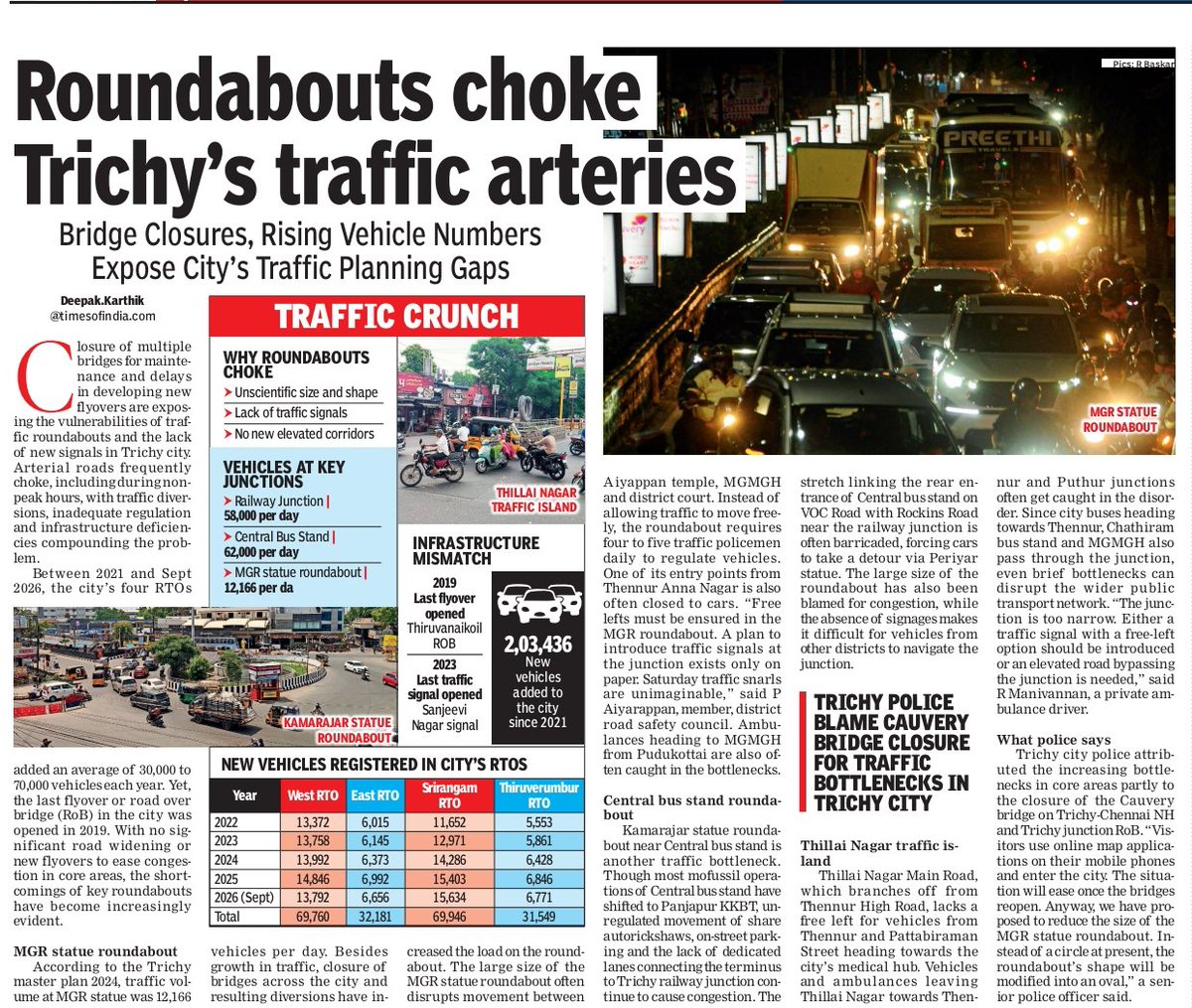 dkarthikTOI's tweet photo. Btwn 2021 &amp; 2026 (Sept), #Trichy city’s four RTOs added 30,000 to 70,000 vehicles on average each per year. However, last flyover or a RoB for city was opened in 2019. Trichy neither widened roads nor added flyovers to decongest, design lapses of roundabouts are exposed #TOI. https://t.co/qdDpesBflH