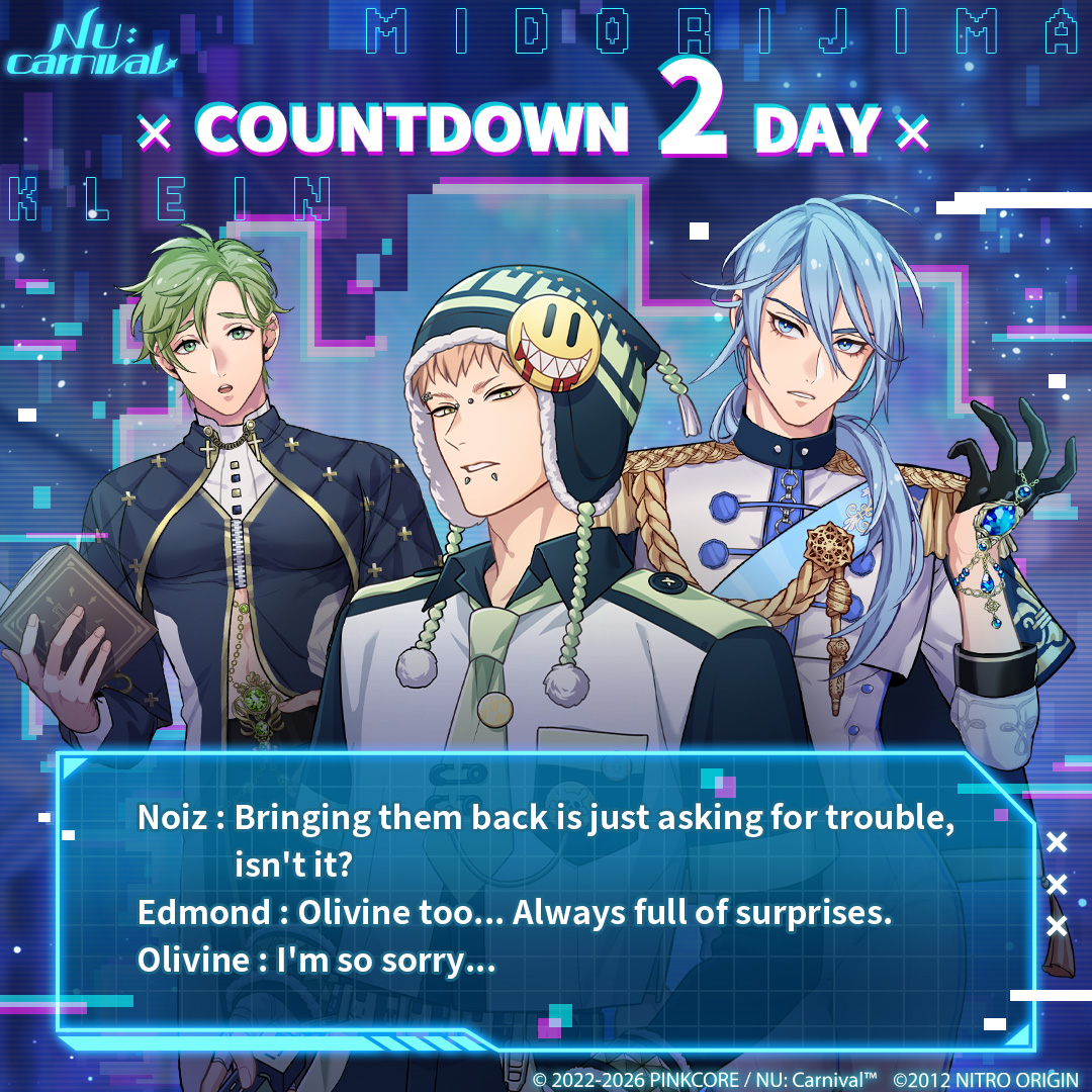 NUCarnivalEn's tweet photo. ⚡ "NU: Carnival x DRAMAtical Murder" 2 days until the collab! ⚡

Always curious to try "something new", Master Olivine leaves even Masters Noiz and Edmond speechless...
👇 Click the link below to find out more 👇
https://t.co/cJCY999PI9

#NUCarnival #CHiRAL #DMMd #CYBERNEticalParadox