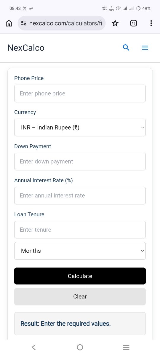 NexCalco's tweet photo. Calculate your monthly mobile phone EMI in seconds 📱💰
Plan your purchase with our free Mobile Phone EMI Calculator.

#EMICalculator #MobilePhone #PhoneEMI #NexCalco #Calculators

https://t.co/aBjEUfNuPJ https://t.co/rsYbZCInnf