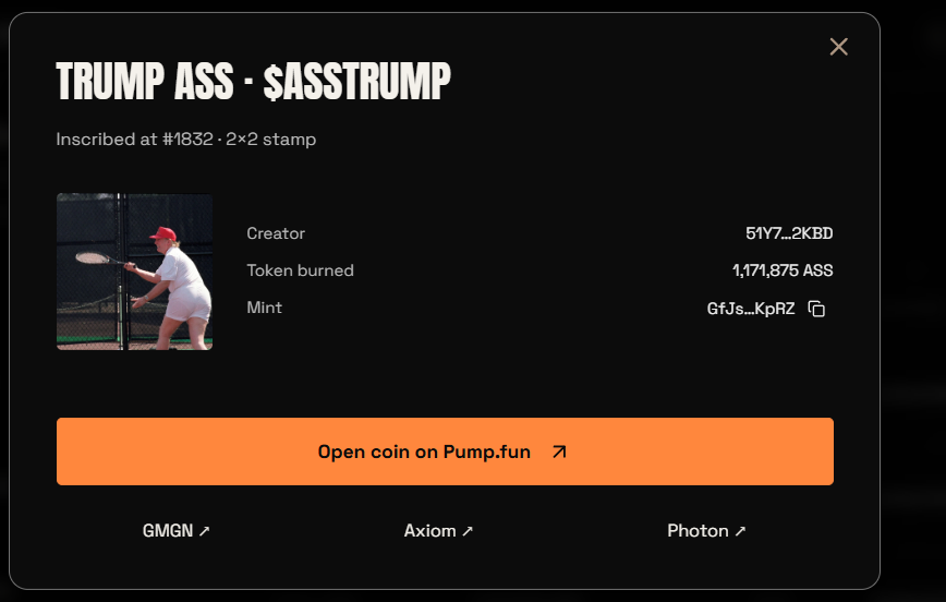 ass_stamp's tweet photo. NEW LAUNCH DETECTED 
TRUMP ASS · $ASSTRUMP

GfJsTRiismRnjGqE5nZWut7xgwpYBdm3hK1mZzGTKpRZ

Token burned 1,171,875 ASS https://t.co/IHAkUPrOmu