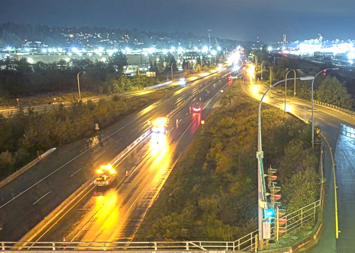 DriveBC's tweet photo. ⚠️#BCHwy17 - Westbound electrical maintenance has the left lane blocked at Tannery Rd until 5am. Slow down and pass with caution. #SurreyBC #SFPR https://t.co/xbTk3G3V3Z