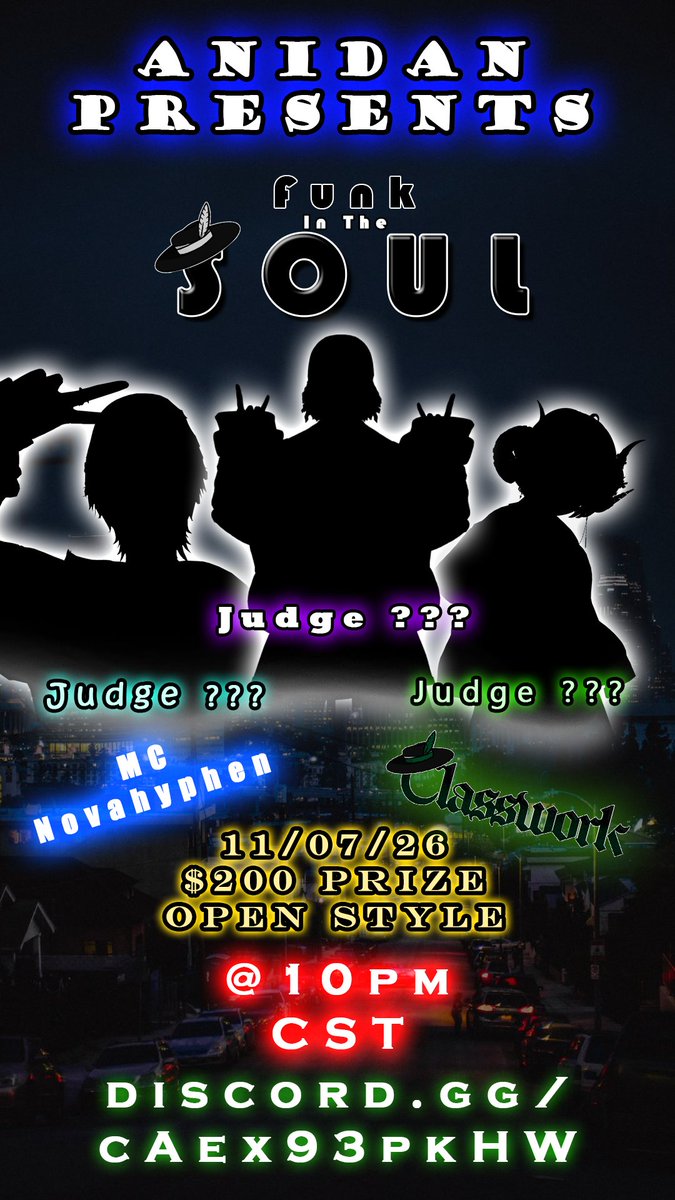 xing_StreetVRC's tweet photo. Funk in the Soul Battle Vol.1 - 主にPOPPINGとANIMATION の楽曲を使ったオープンスタイルのバトル！

🏆💵賞金：31,000円 ($200)

👑Host: Classwork
🎤MC: NovaHyphen
🗓️Date: --13:00 JST-- 
                   11月8日（日）午後1時（日本時間）

👇コメント欄にDiscordのリンクがあります https://t.co/ve6WZnK0Bc