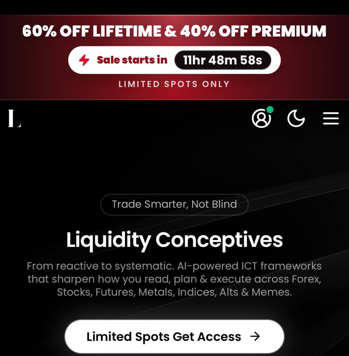 Liquidity29's tweet photo. If you missed previous 40% off premium and 60% off lifetime discount sale.

🎁Don’t miss this one coming in few hours. 

Q4 will present lots of opportunities, you lock in and we will win  as always. 

Sale goes live in 11hrs 48mins 
https://t.co/WTzfGq1eOT https://t.co/rtk8GSPr6b