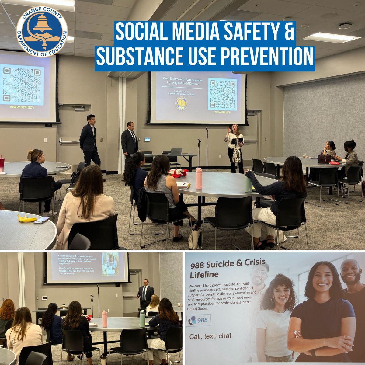 DEALOSANGELES's tweet photo. DEA proudly partnered with the @OCDeptofEd and @ToEndAddiction. Together, we addressed a critical discussion: Social Media Safety and Substance Use Prevention. Topics covered included: the role of social media in substance use normalization and drug trafficking, online drug dealers and targeted online advertising, emoji decoding, counterfeit pills, risk factors & warning signs, and how ordering illegal drugs is as easy as ordering a pizza. #OperationEngage #OC
@DEAHQ @TheJusticeDept