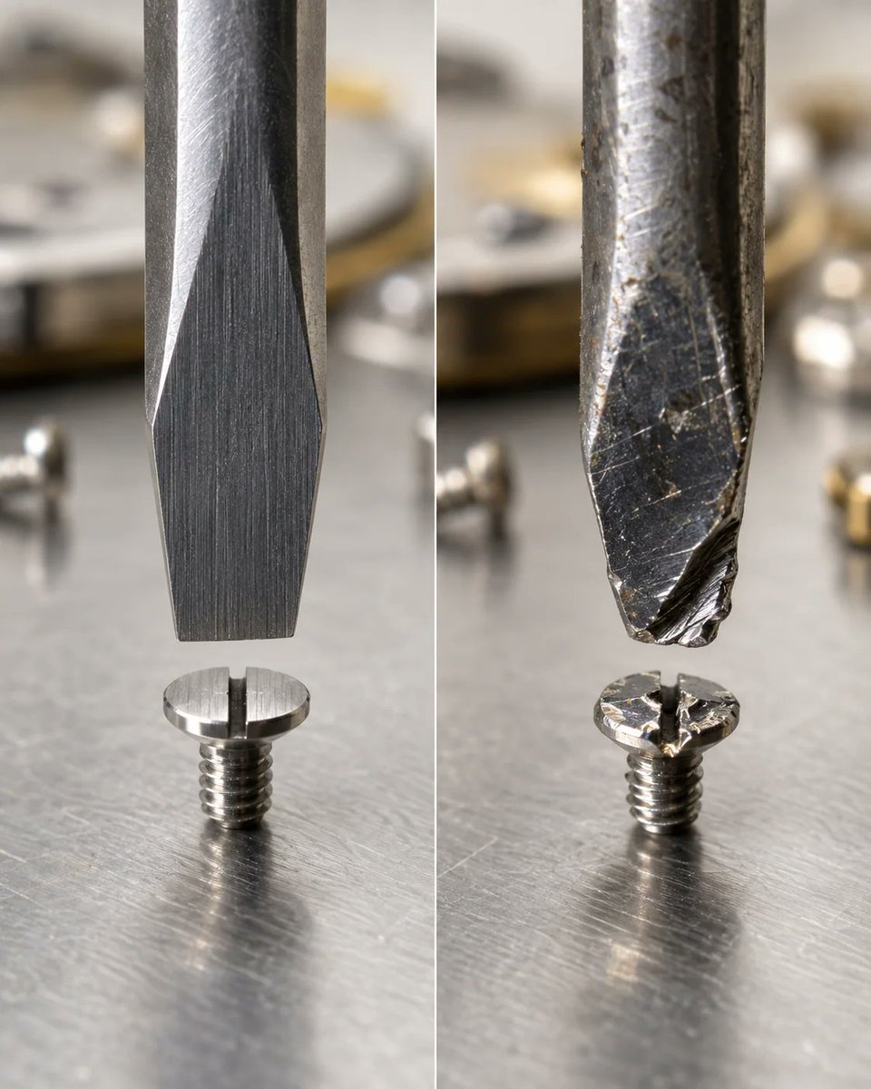 HuiPan1717's tweet photo. A watch screwdriver should fill the screw slot and sit flat. Blade fit matters more than a large set, and damaged tips should be dressed or replaced. 
https://t.co/mFpGPIsWUx 
#WatchTools https://t.co/ziWvajC83X