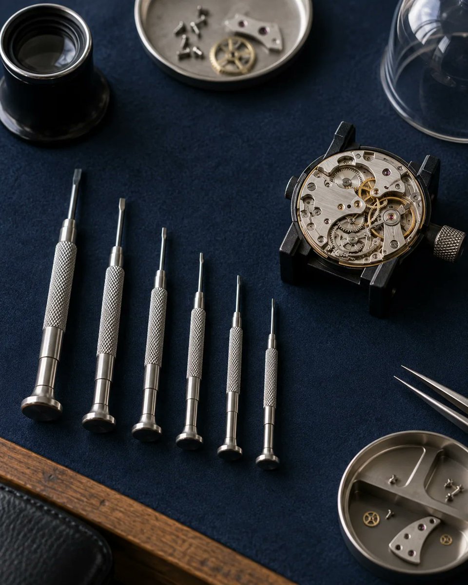 HuiPan1717's tweet photo. A watch screwdriver should fill the screw slot and sit flat. Blade fit matters more than a large set, and damaged tips should be dressed or replaced. 
https://t.co/mFpGPIsWUx 
#WatchTools https://t.co/ziWvajC83X