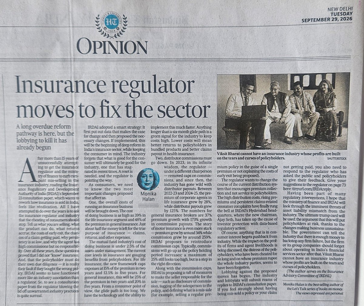 monikahalan's tweet photo. The insurance regulator has itself put out data that proves what I have been saying for over 15 years:
the insurance industry is driven by distribution commissions, with no responsibility either of a suitable sale or claims help, put on the sales agent and this is leading to mis-selling and denial of claims.

Those upset must understand that the policyholder pays premium for protection and NOT to sustain bonuses of insurance CXOs or the livelihoods of agents.

IRDAI's consultation paper, that aims to change this structure, is under heavy fire by the industry and distribution incumbents. 

Government should not blink.

The journey to Vikasit Bharat cannot be built on the tears and curses of policyholders. 

My op-ed in @htTweets

https://t.co/jQT4GjhVEg

@nsitharaman @nsitharamanoffc