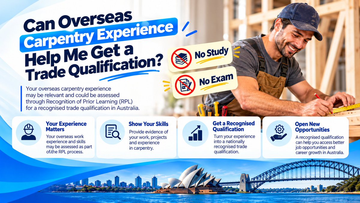 Eduspire_social's tweet photo. Have overseas carpentry experience but no Australian qualification? Your skills may be assessed through RPL. 🔨 No study or exam may be required, depending on your assessment and evidence.
Explore your options at https://t.co/xUAphyLjCC
#RPL #Carpentry #Australia https://t.co/LX6W2dCKsq