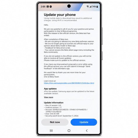 yuvinfo's tweet photo. Samsung is expanding the One UI 9 (Android 17) rollout in the U.S.

The update is now reaching unlocked Galaxy S26, S26+ &amp; S26 Ultra devices.

📱 S26 Ultra Build: S948U1UEU4BZID
🔐 Security Patch: September 5, 2026

The rollout is happening in stages, so availability may vary. https://t.co/JI5HQccLuJ