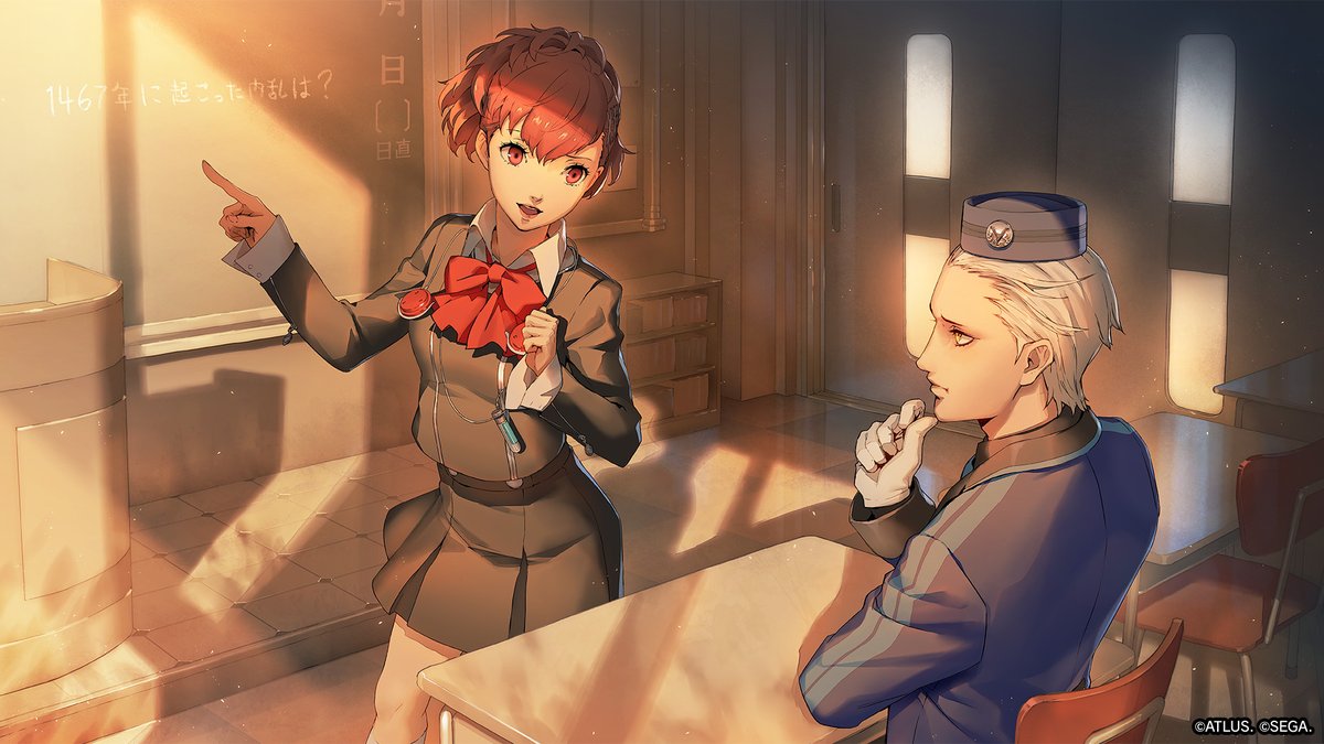 P5X_Official_JP's tweet photo. ✧ ┈┈┈┈┈┈┈┈┈┈┈┈ ✧
　  『P3P』コラボ開催中！
　　  記念イラスト公開②
✧ ┈┈┈┈┈┈┈┈┈┈┈┈ ✧
『ペルソナ３ ポータブル』女性主人公が「汐見 琴音」として『P5X』に参戦！
『P5X』アートスタッフによる描きおろしイラストを公開✧

【琴音様に学校を案内してもらったことを、ふと思い出しました。
ペルソナのことは知っていても「日本史」は知らない私に、
楽しそうに説明をしてくださった姿は、今も瞼の裏に焼き付いています。
あれは、そう…夕暮れが教室に差し込む頃合いでしたね。】

#P5XJP #P3P #P5X_P3Pコラボ