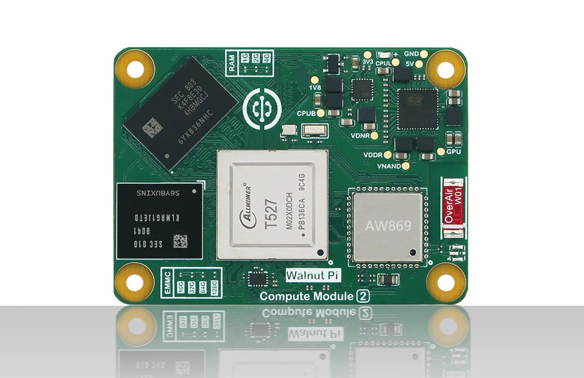 cnxsoft's tweet photo. Low-cost Raspberry Pi CM5 alternative powered by Allwinner T527 octa-core SoC.
https://t.co/ou68jyKqDz

Walnut Pi CM2 pairs the octa-core Cortex-A55 Edge AI (2 TOPS) processor with up to 4GB LPDDR4 RAM, 16GB eMMC flash, and an optional wireless module.

The company provides support for the Debian 12-based Walnut Pi OS, Ubuntu, Android, and Home Assistant. A carrier board is also offered for evaluation, since it won't be 100% compatible with all features of most CM5 carrier boards. 

Price starts at $28, and the 2GB/16GB/wireless module is about half the price compared to the equivalent CM5