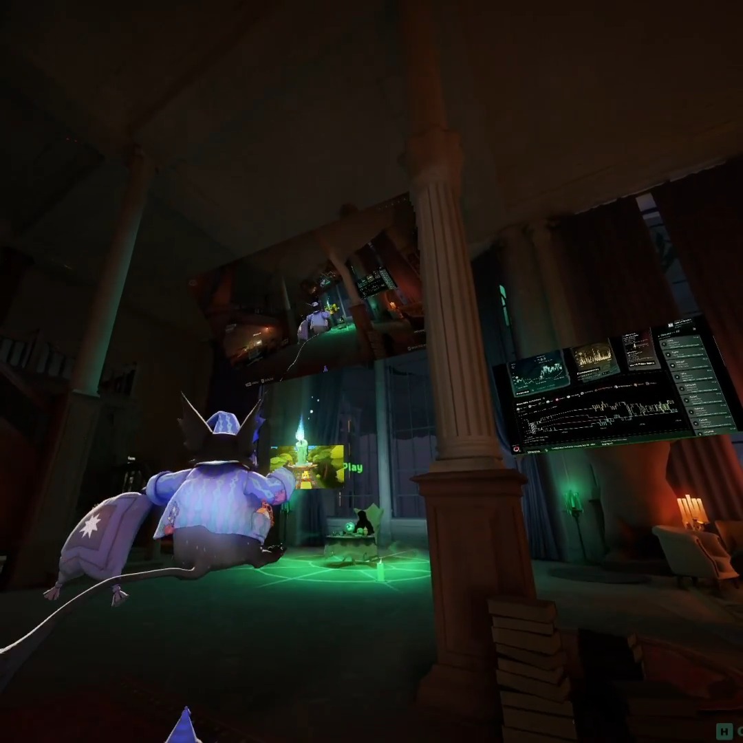 A figure wearing a wizard hat sits in a grand, dimly lit room with ornate columns, where a "Play" button hovers over a smaller replica of the same scene—showing a recursive, "patch-within-a-patch" loop—while financial charts and code text float on the right wall, fitting the "Patchception" theme of endless nesting.