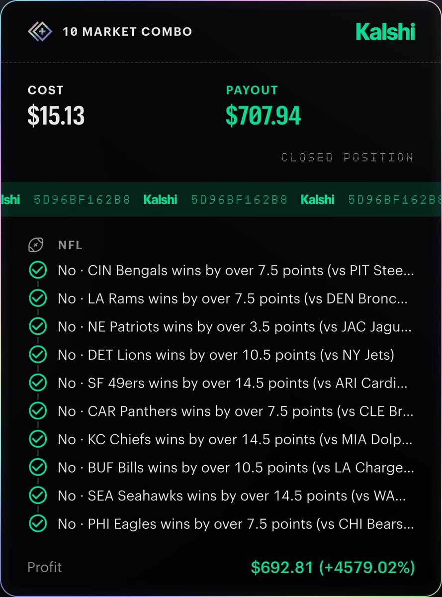 DadBodBetzz's tweet photo. We just cashed the LOTTO! 😈🤑🤑 

#lotto #bears #parlay #kalshi #picks #nfl https://t.co/FZzSvcsX52