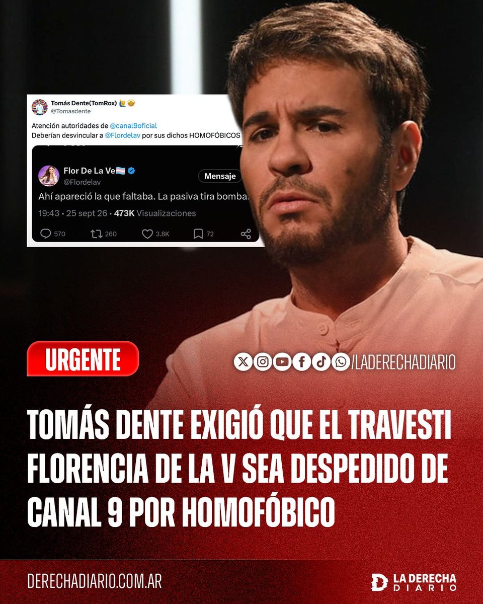 laderechadiario's tweet photo. 🚨🇦🇷 | El periodista Tomás Dente exigió que el hipócrita travesti Roberto Carlos Trinidad —Flor de la V— sea despedido de Canal 9 como respuesta a su comentario homofóbico, llamándolo "pasiva", al MISMO TIEMPO que pide que echen a Daniel Avellaneda de Radio Rivadavia porque no le dice "mujer".