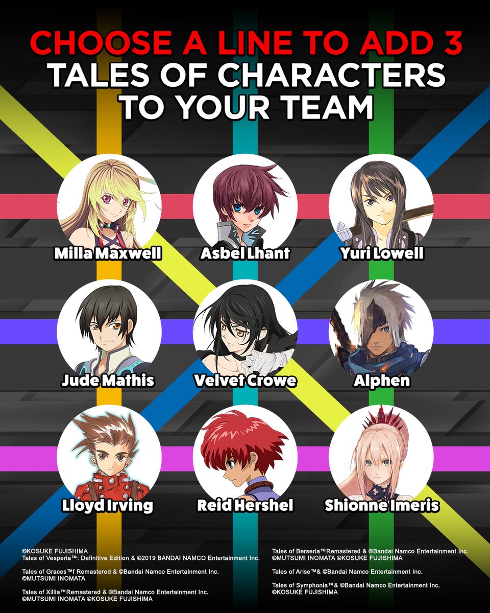 BandaiNamcoUS's tweet photo. Only 3 can join your team. 

Which line are you picking? 
❤️💜🩷🧡🩵💚💛💙
#Talesof https://t.co/2DfoayqSE4