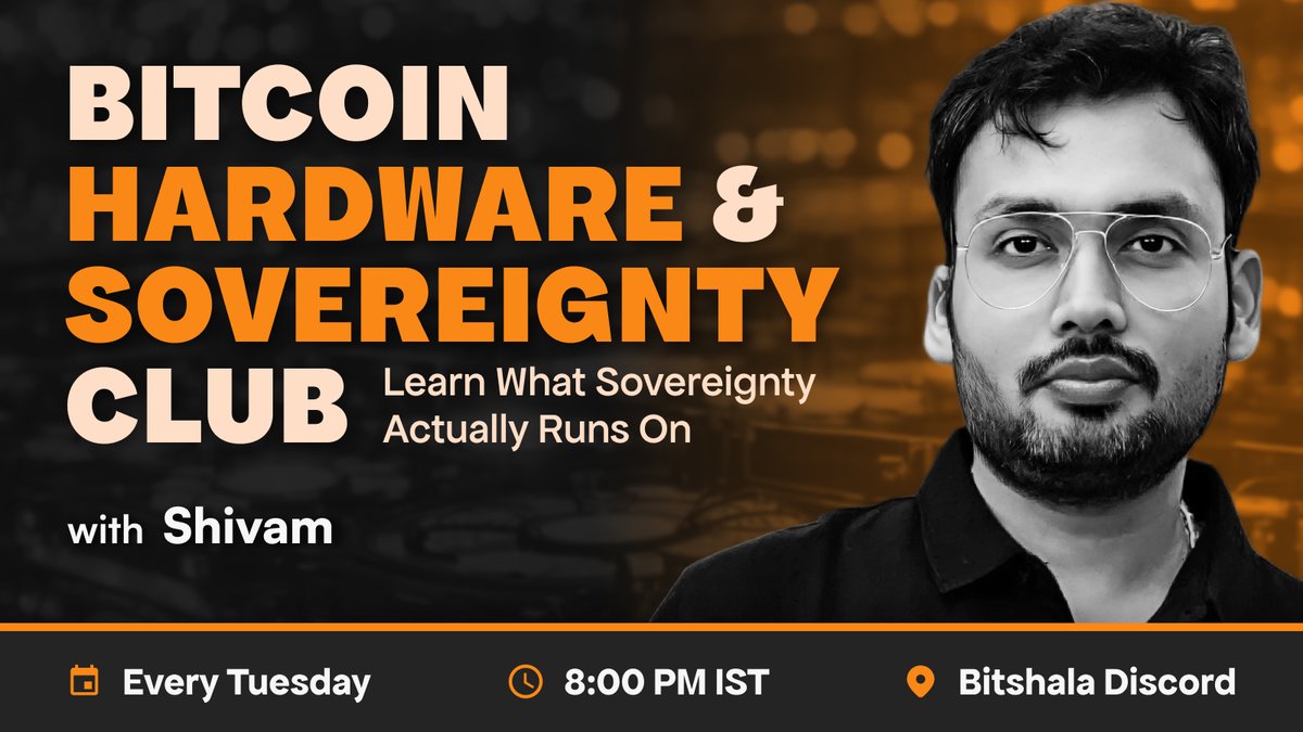 bitshala_org's tweet photo. How has Bitcoin self-custody evolved over 17 years? And what does sovereignty look like today? 🟠

Join Bitcoin Hardware & Sovereignty Club today, 29 Sep | 8 PM IST / 2:30 PM UTC, with host @EmbeddedSDE.

We’ll explore:

🔹 ETFs, exchanges & self-custody
🔹 From Satoshi’s full node to BIP32/BIP39
🔹 Custodian risks & the Coldcard RNG flaw
🔹 Multivendor multisig, steel backups & Miniscript inheritance

📍 8 PM only on Discord: https://t.co/MWDHmQyjWD ✨

Join us and understand the technology behind self-custody, see you soon! 🚀